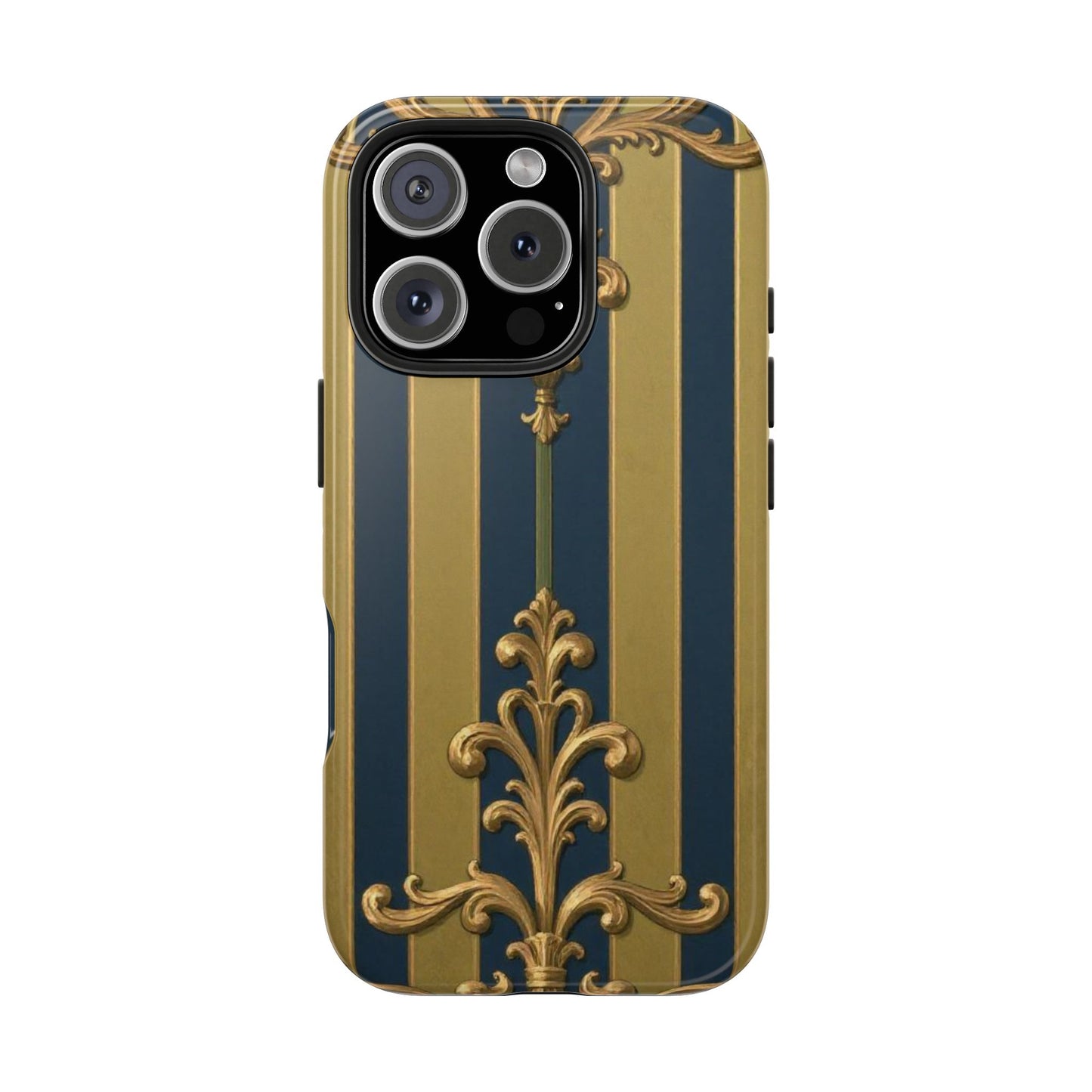 Elegant Midnight Blue & Olive Striped Gold Baroque Tough Phone Case, Phone Cover, Durable Case for Protection, Stylish Gift for Him/Her