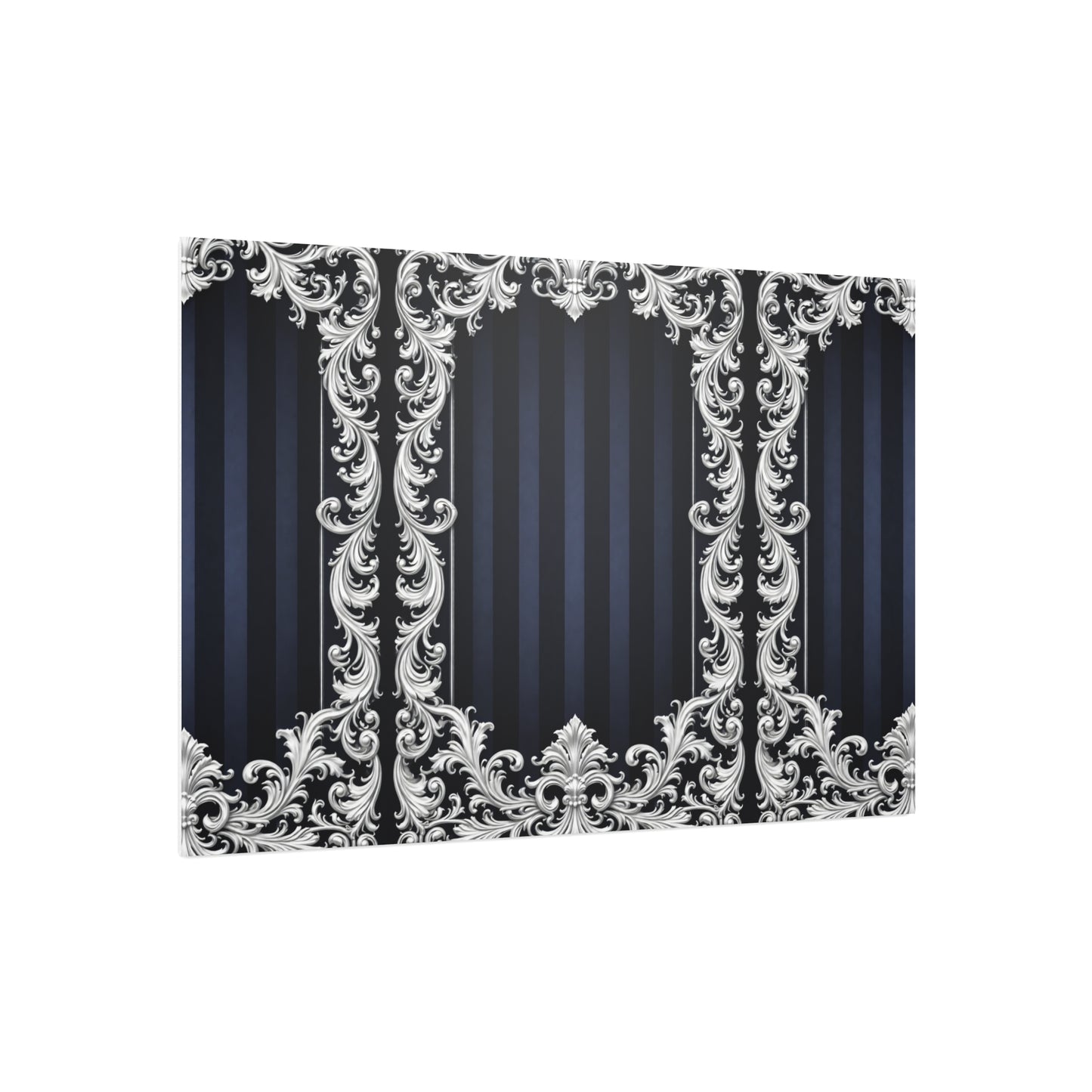 Navy Stripes & Baroque Foam Board Backdrop — Ornate Silver Scroll Panel