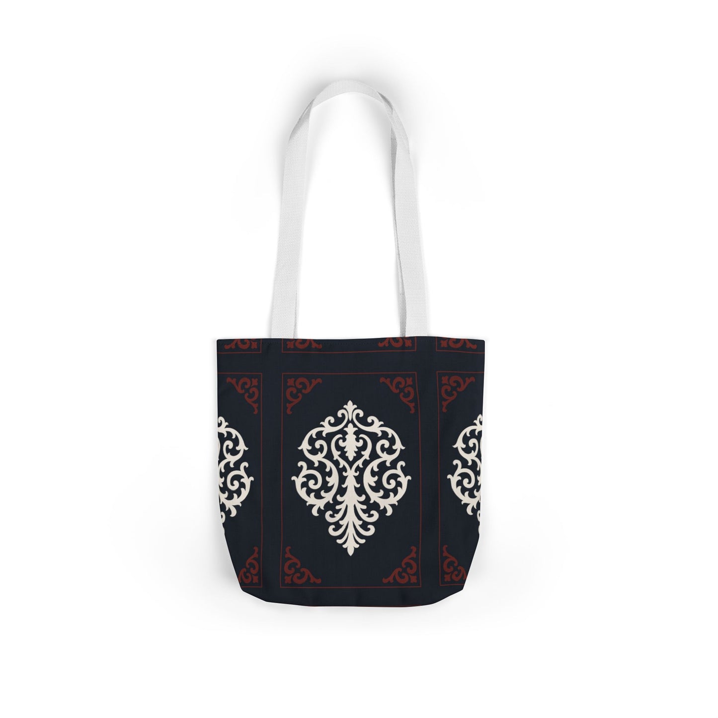 Dusk Blue-Maroon & White Baroque Pattern Canvas Tote Bag — Elegant Dusk Blue & White Reusable Market Bag
