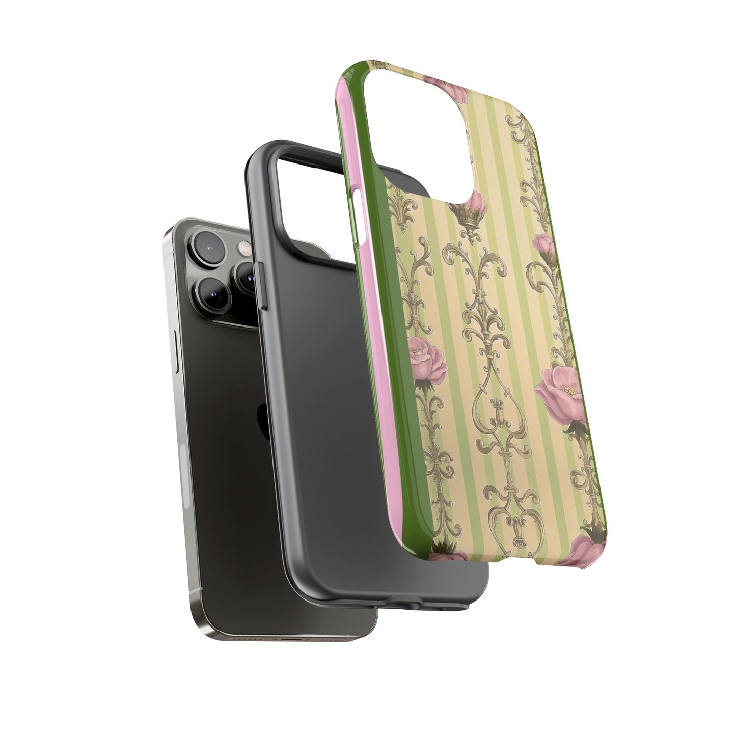 Elegant Floral Motif Phone Case - Tough Cases with Vintage Design - Lime Green & Pink Striped Damask