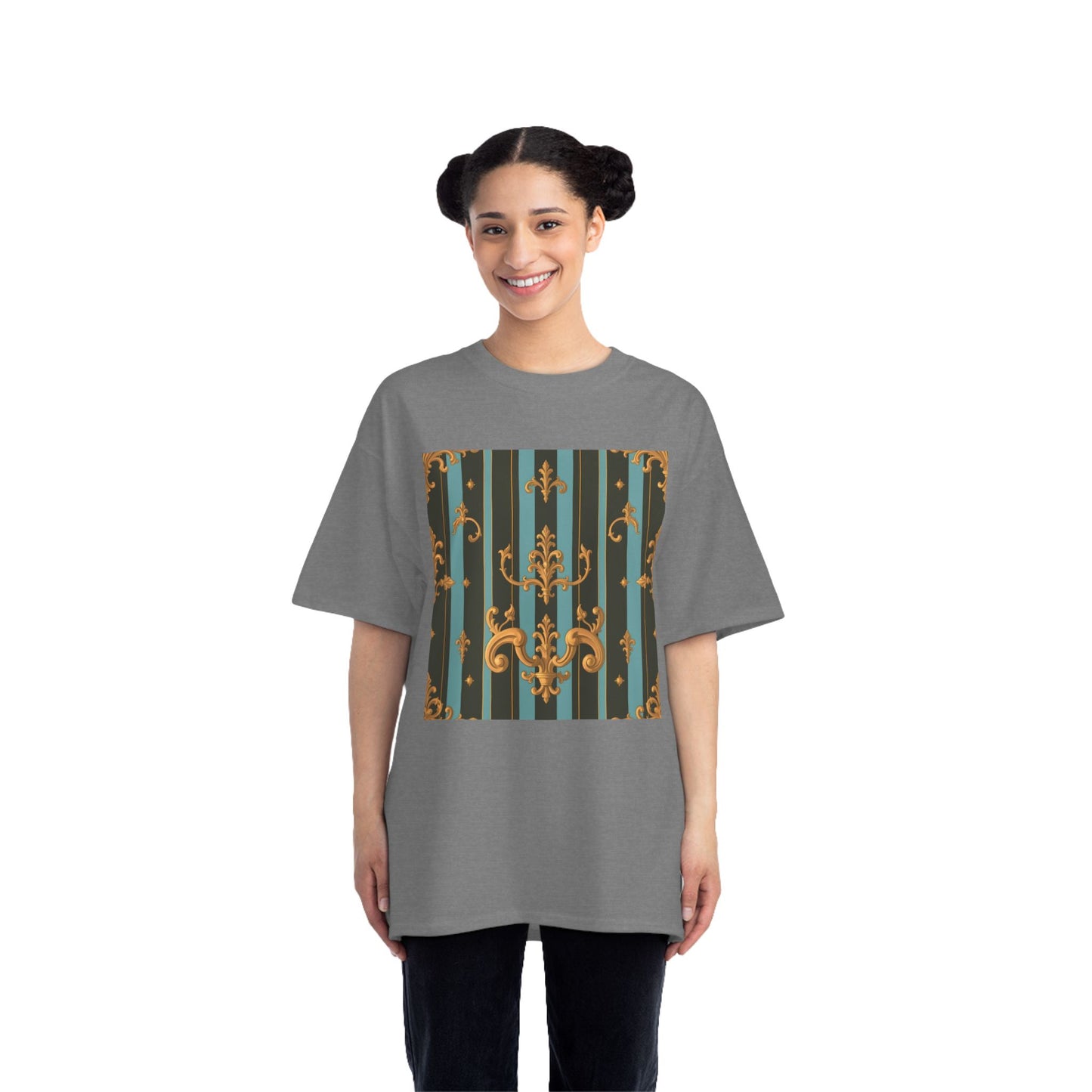 Elegant Vintage Pattern T-Shirt, Stylish Tee for Everyday Wear, Retro Design Shirt, Perfect Gift for Art Lovers - Black & Turquoise Striped Baroque