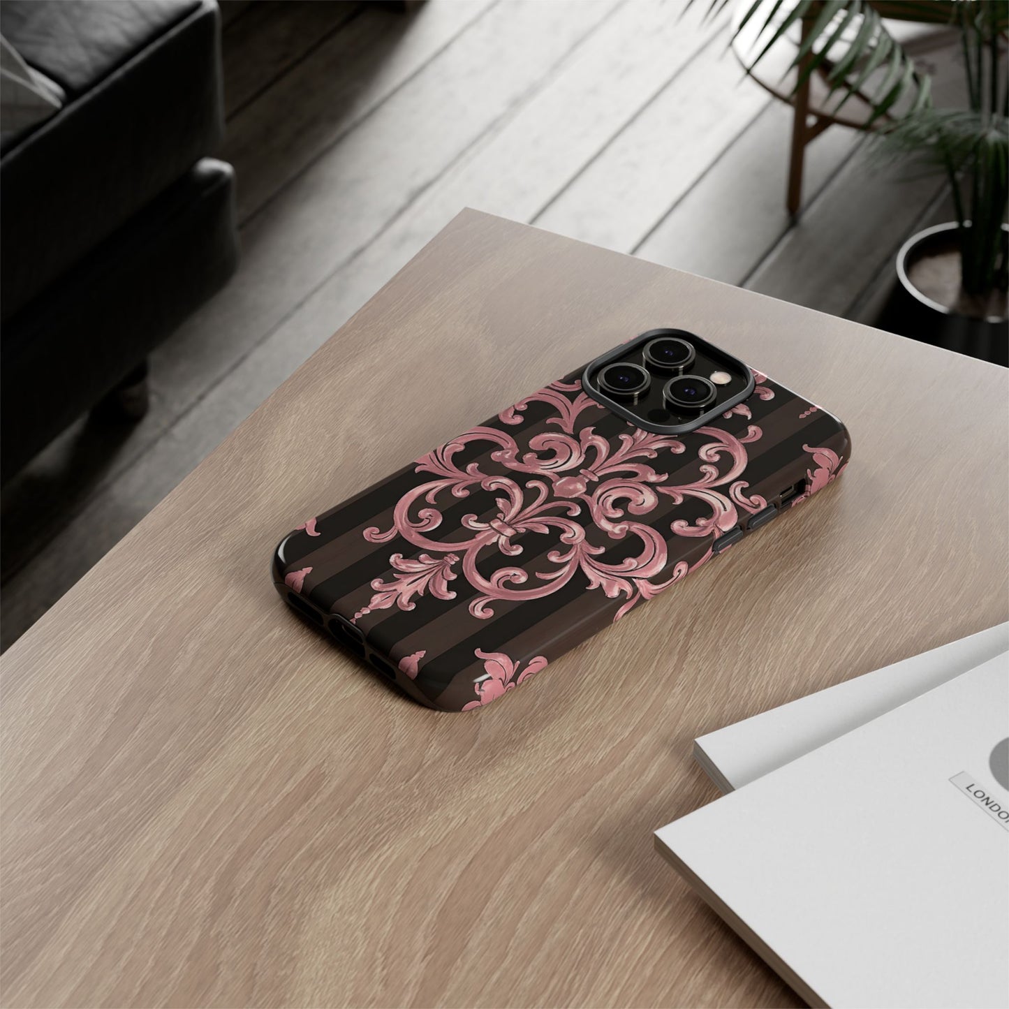 Elegant Floral Motif Phone Case - Tough Cases with Vintage Design - Brown Striped Mauve Damask