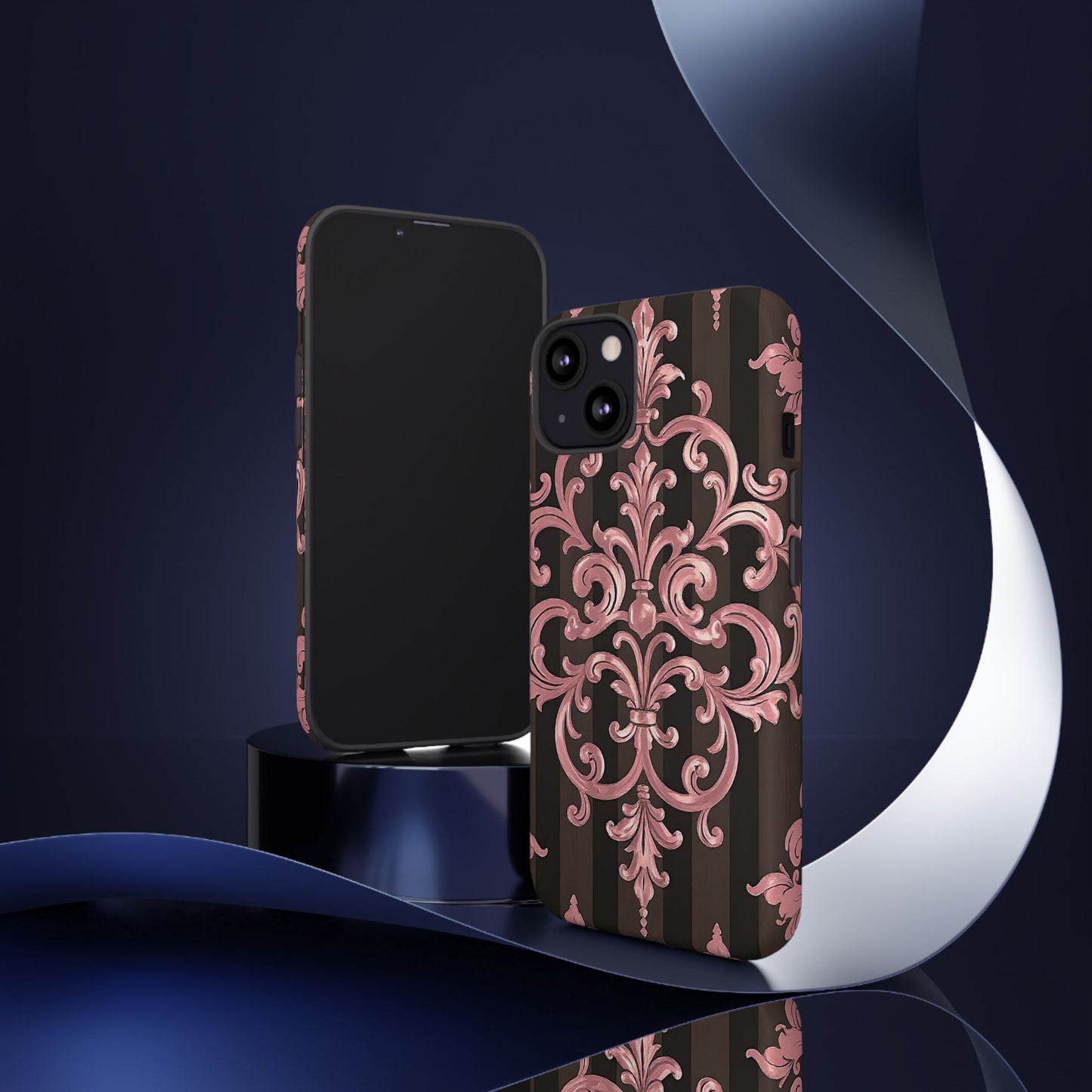 Elegant Floral Motif Phone Case - Tough Cases with Vintage Design - Brown Striped Mauve Damask