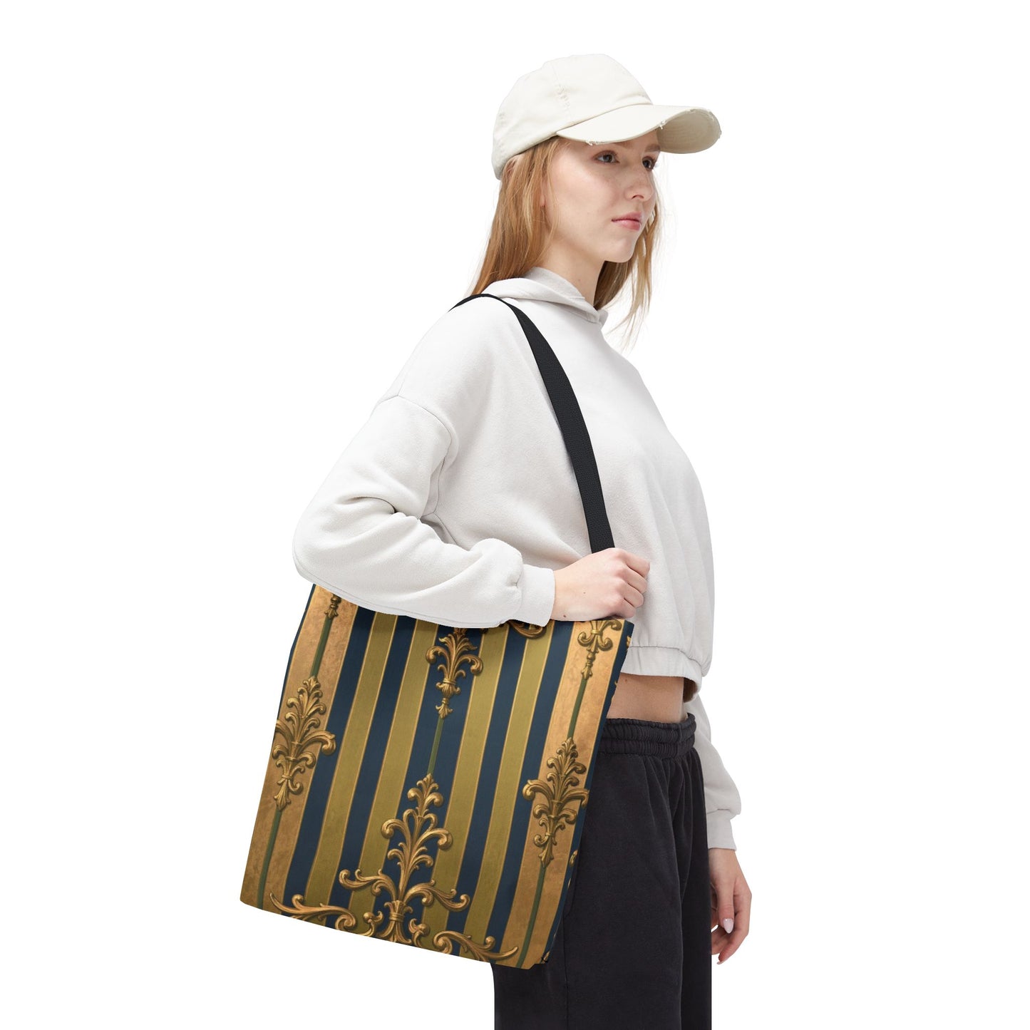 Elegant Midnight Blue & Olive Striped Gold Baroque Golden Striped Tote Bag, Stylish Shopping Bag, Trendy Handbag, Chic Gift for Her