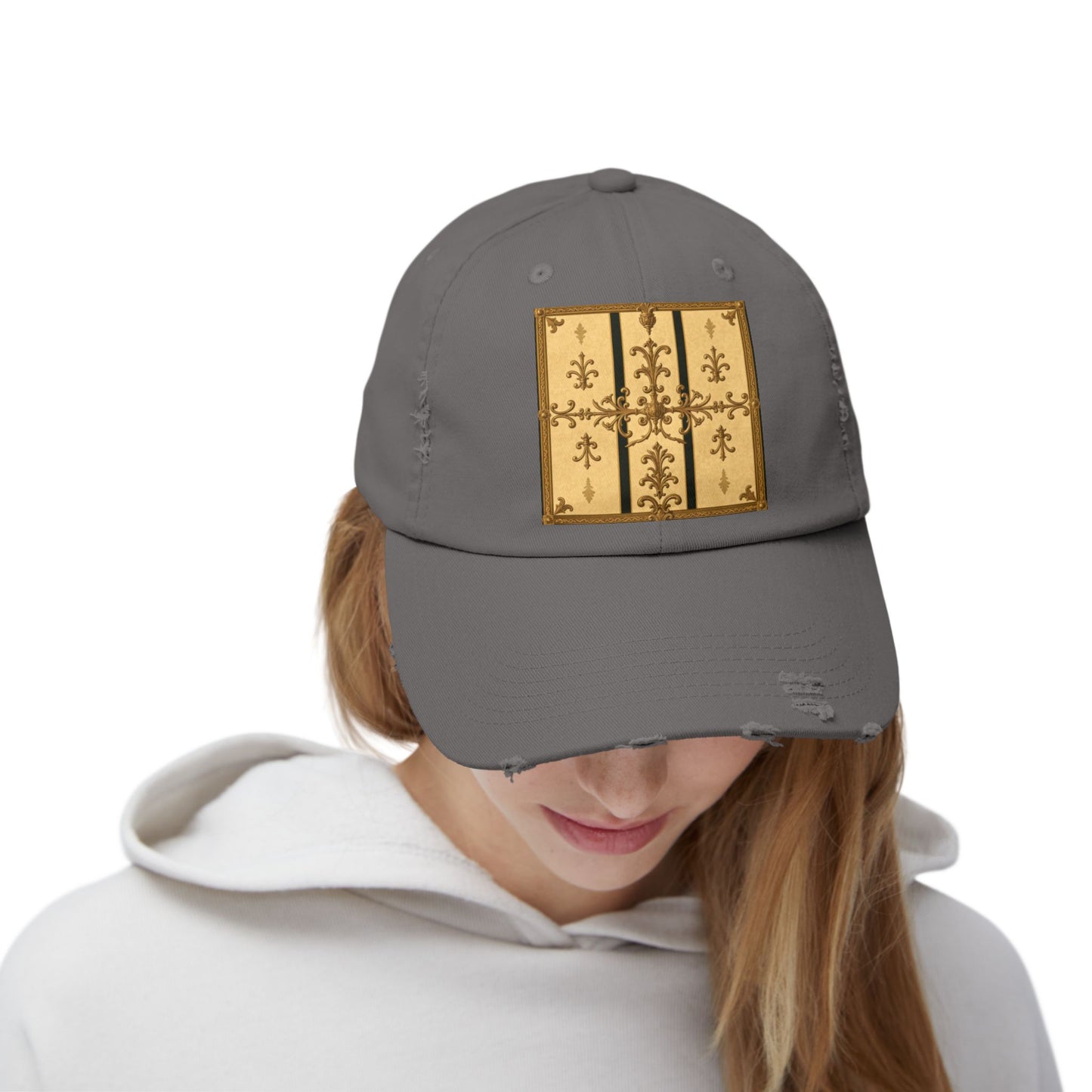Vintage-Inspired Unisex Distressed Cap with Rustic Floral Design | Perfect for Casual Outings, Gift Ideas - Matte Yellow Striped Antique Rococo