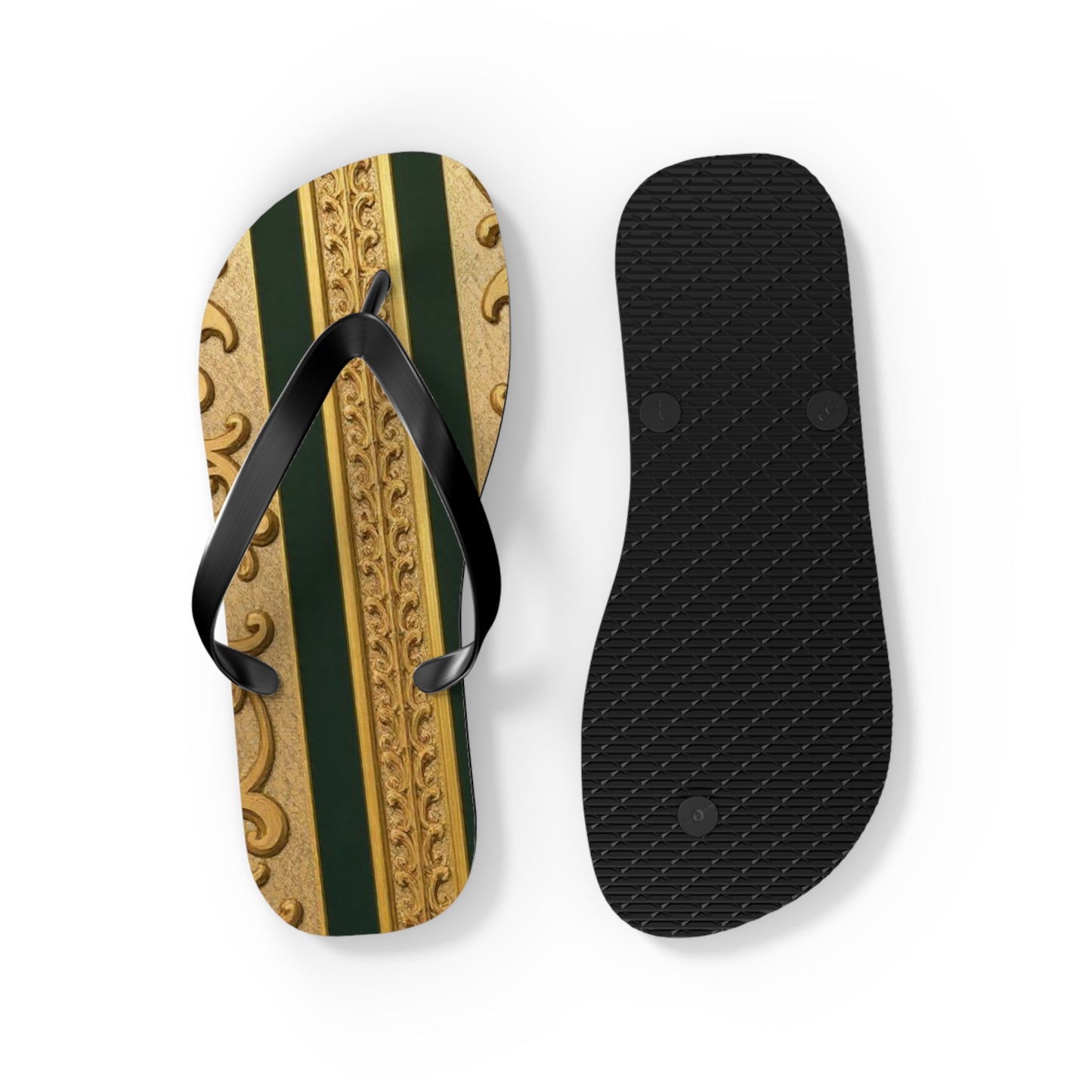 Elegant Teal Striped Gold Baroque Flip Flops, Summer Sandals, Beach Footwear, Vacation Essentials, Stylish Slippers, Poolside Accessories