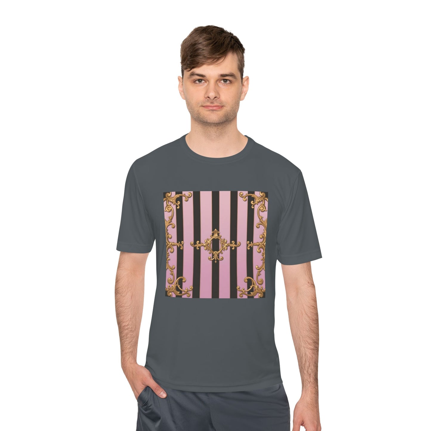 Elegant Striped Unisex Moisture Wicking Tee, Stylish Workout T-Shirt, Fashionable Athletic Top - Matte Lavender & Black Striped Gold Baroque