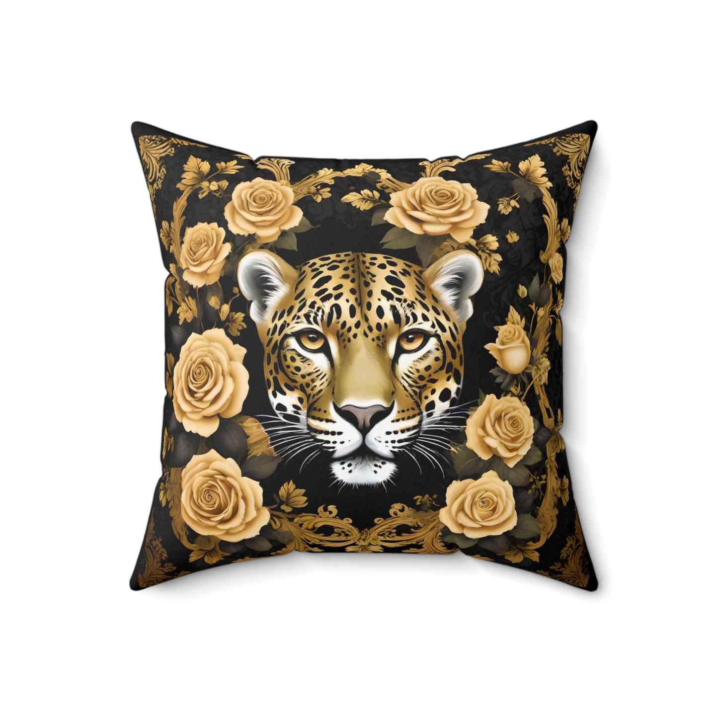 Luxurious Leopard & Roses Decorative Pillow - Gold Leopard