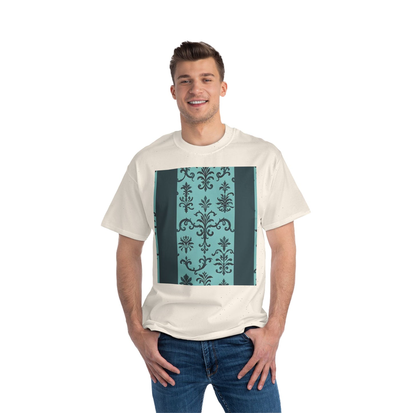 Elegant Floral T-Shirt - Vintage Design, Casual Wear, Gift for Her, Summer Fashion, Stylish Tee - Teal Striped Rococo