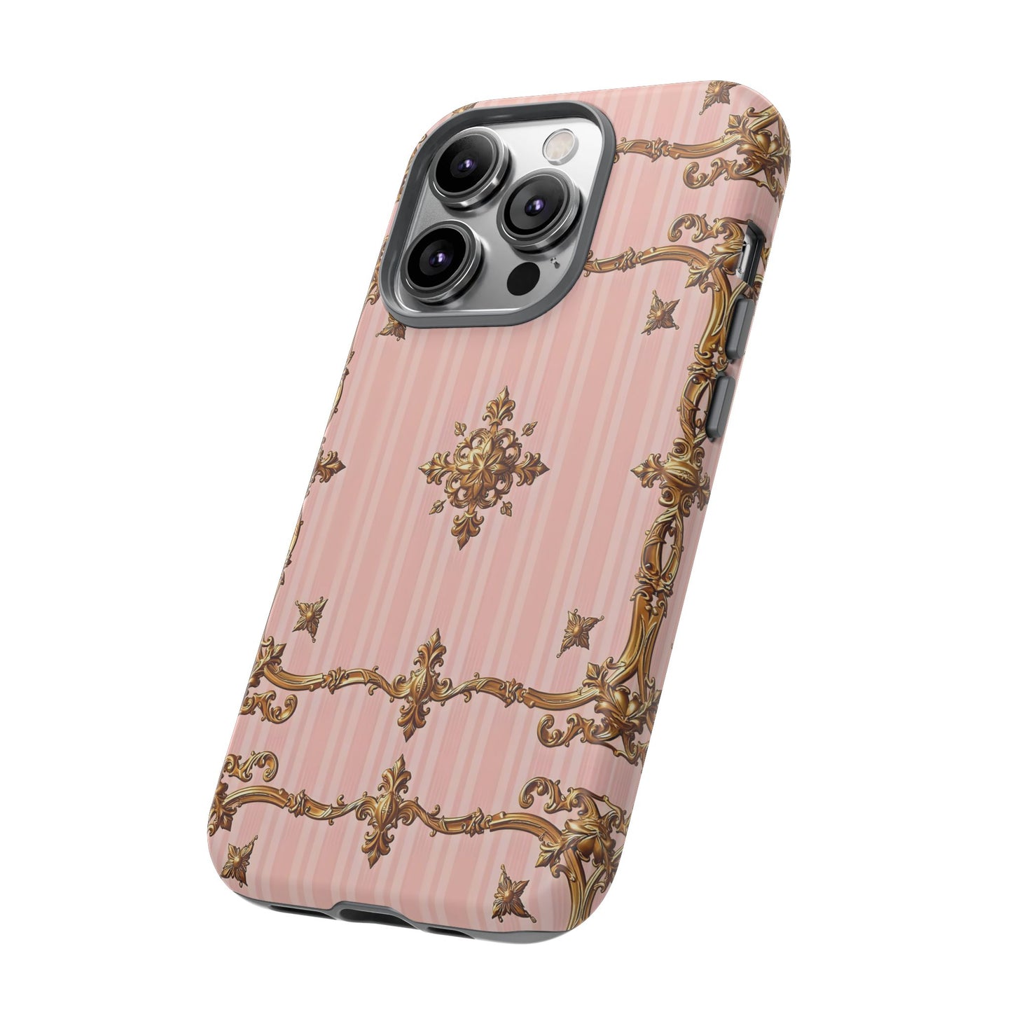 Elegant Floral Phone Case, Tough Cases for Women, Trendy Phone Cover, Chic Gift - Pink Striped Gold Baroque
