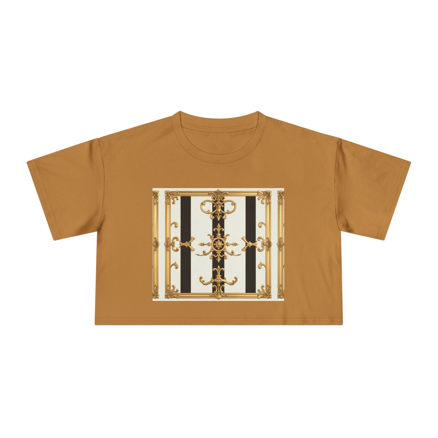 Chic Gold Baroque Women's Crop Tee, Stylish Summer Top, Fashionable Gift for Her, Casual Fashion - Black & White Striped Gold Baroque