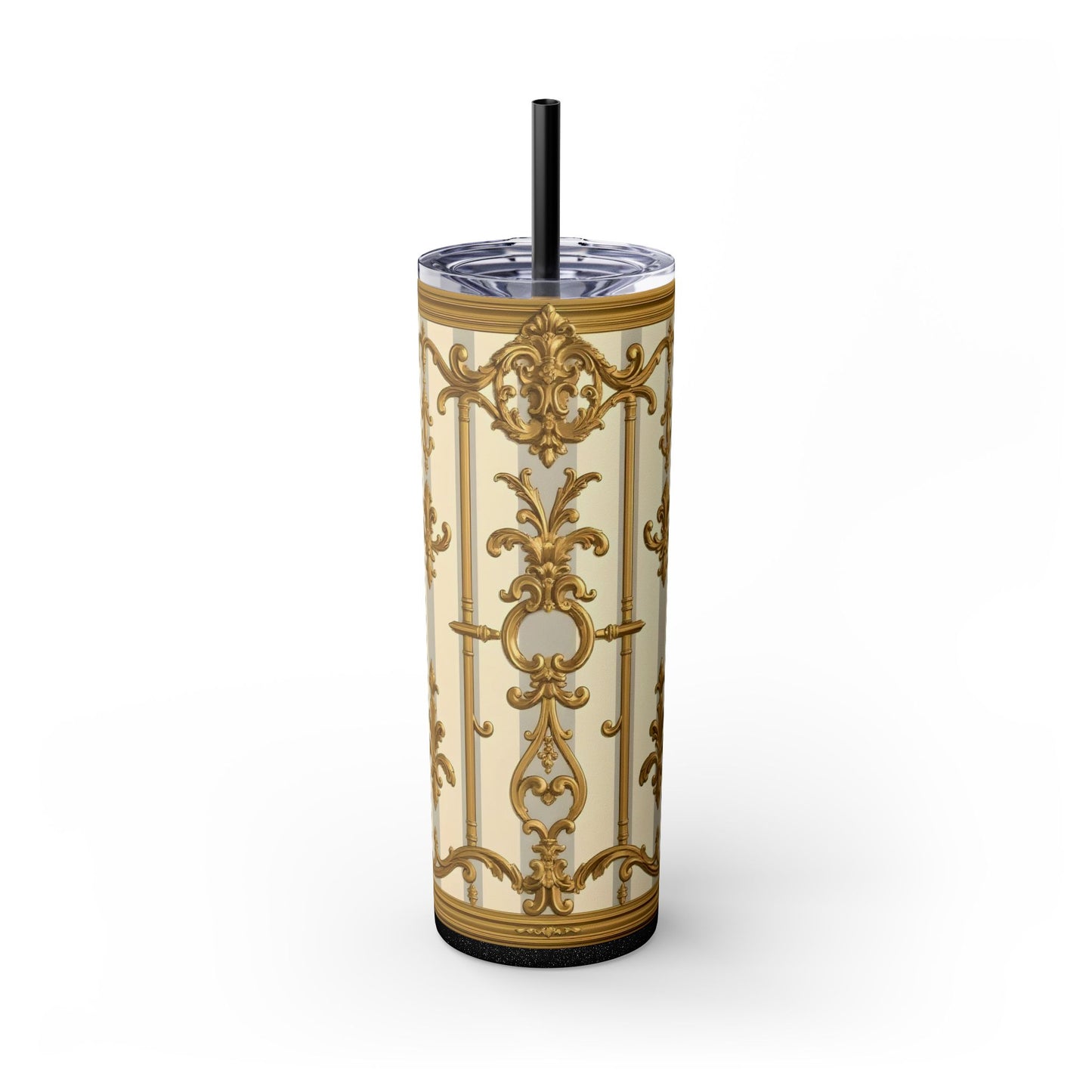 Elegant Vintage Skinny Tumbler with Straw, 20oz - Golden Baroque Design for Weddings, Parties - Matte Gray & Cream Striped Gold Baroque
