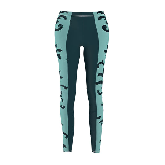 Elegant Floral Print Women's Leggings, Fashionable Activewear, Casual Yoga Leggings, Workout Pants, Gifts for Her - Teal Striped Rococo