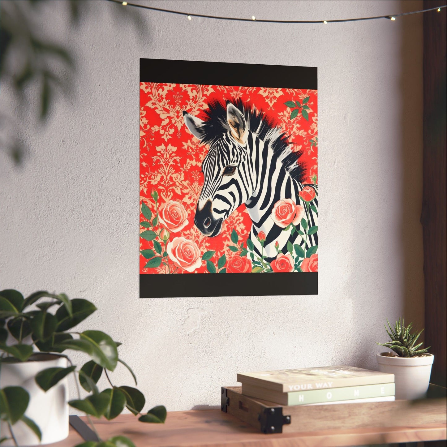 Floral Art Poster - Elegant Matte Vertical Wall Decor - Zebra With Coral Roses & Damask