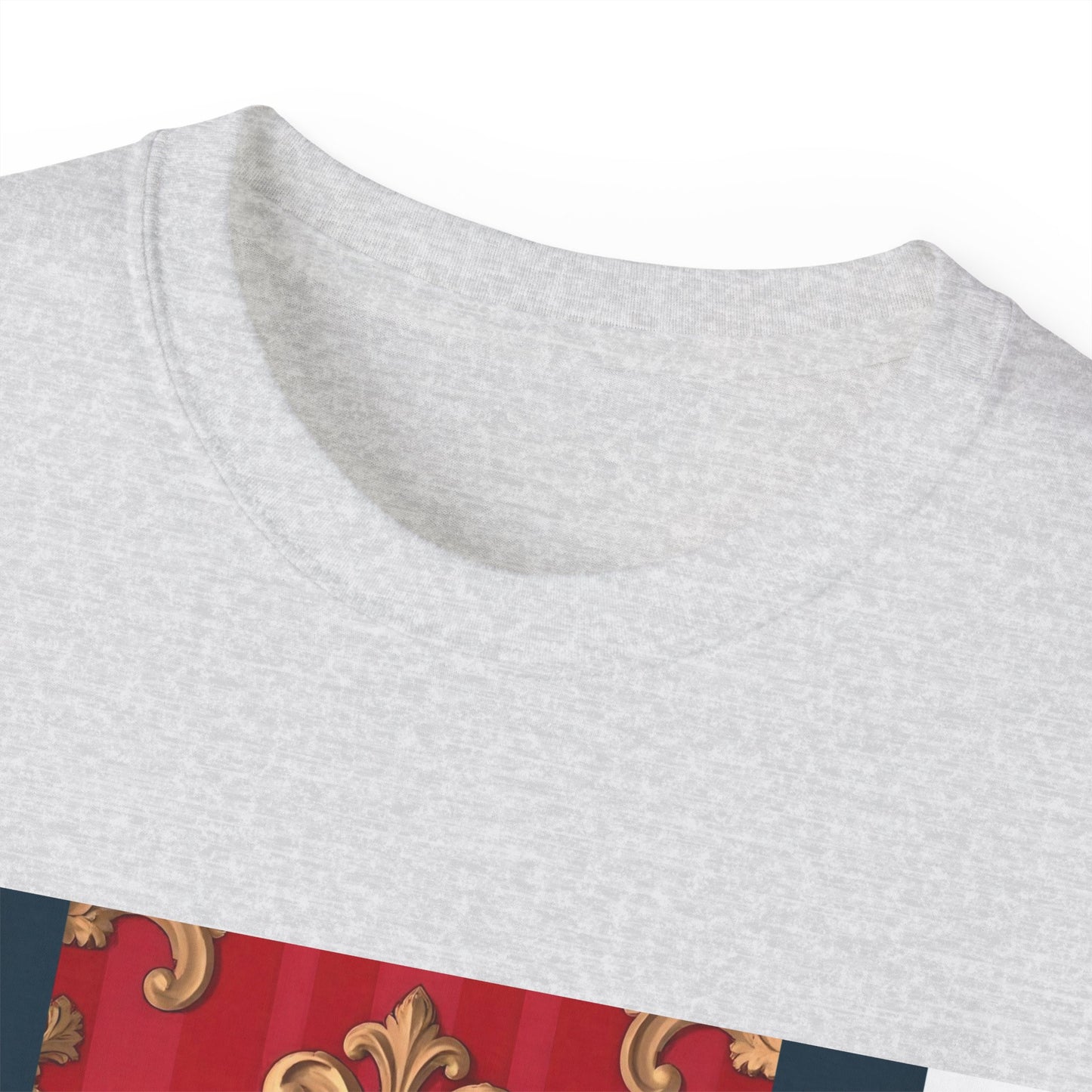 Regal Red Baroque T-Shirt, Artistic Tee, Gift for Art Lovers, Fashionable Statement Shirt, Unique Graphic Top - Blue, Red & White Striped Baroque