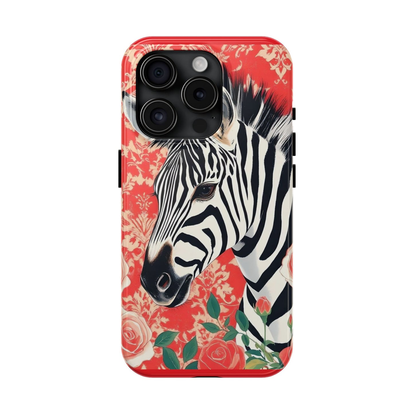 Zebra Tough Phone Case - Trendy Floral Design for Animal Lovers - Zebra With Coral Roses & Damask