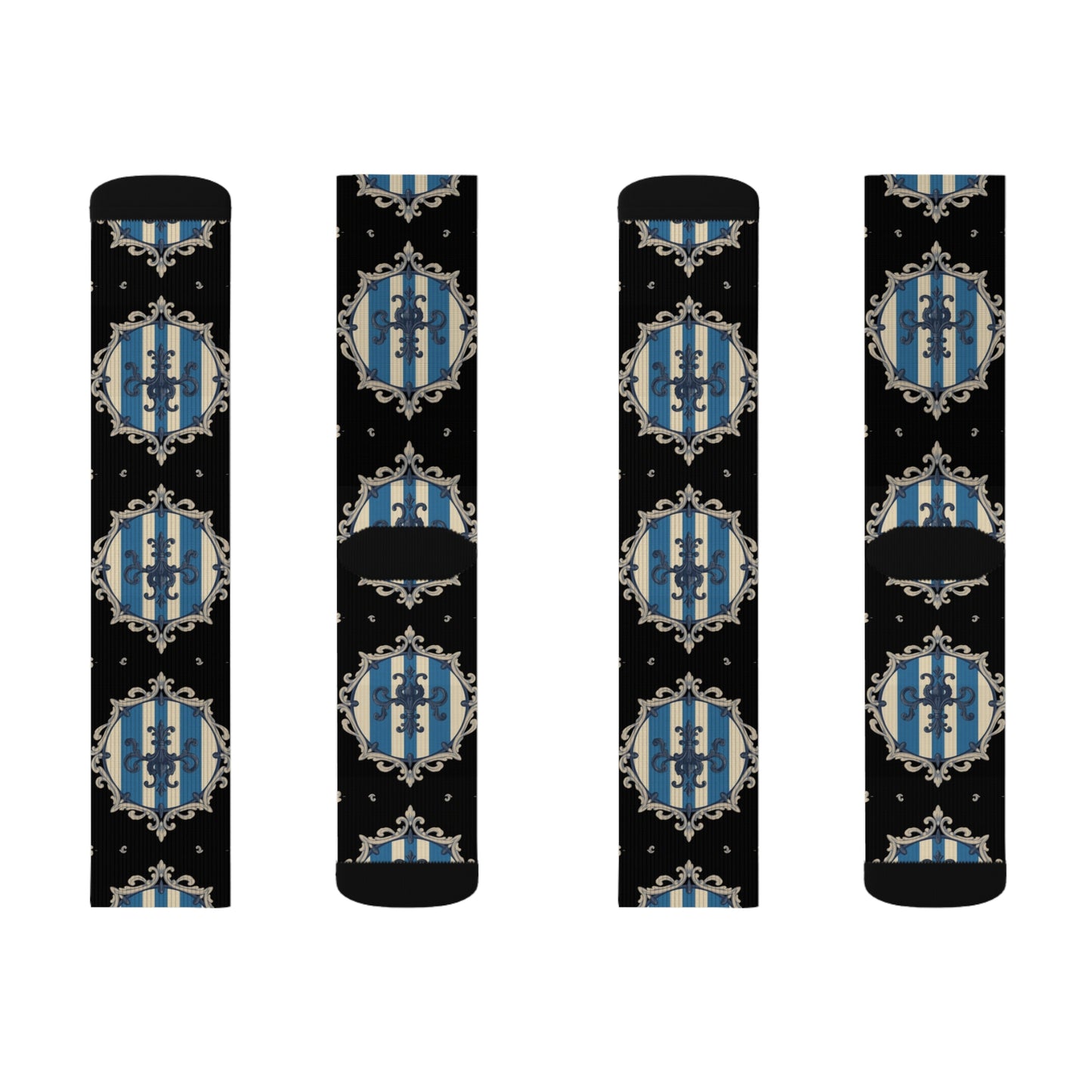 Chic Blue & Alabaster Striped Baroque Patterned Socks for Cozy Fashion, Sublimation Socks, Unique Gift for Her, Stylish Wardrobe Addition