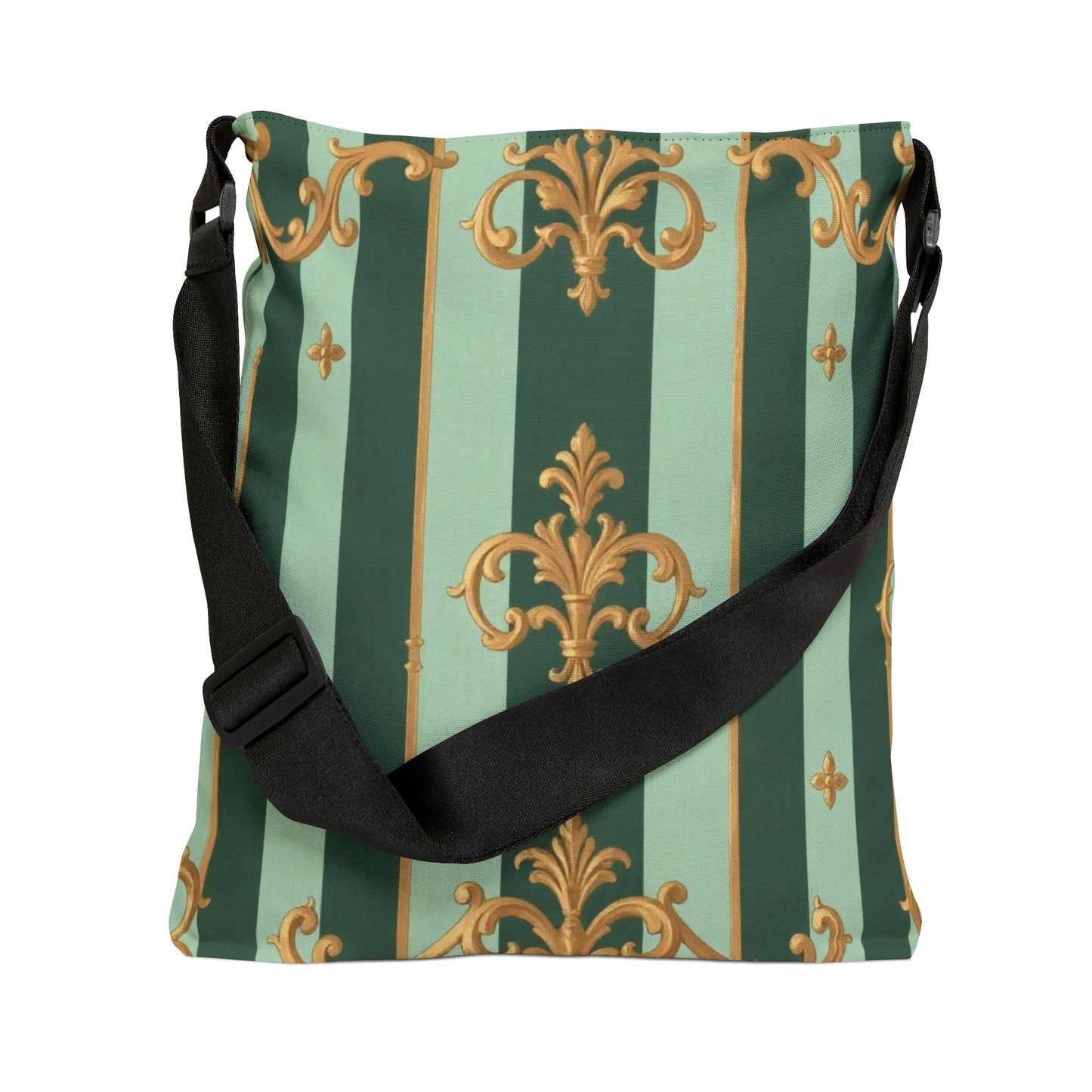 Elegant Floral Adjustable Tote Bag, Stylish Eco-Friendly Purse, Versatile Carry-All for Daily Use - Mint Green & Teal Striped Gold Baroque