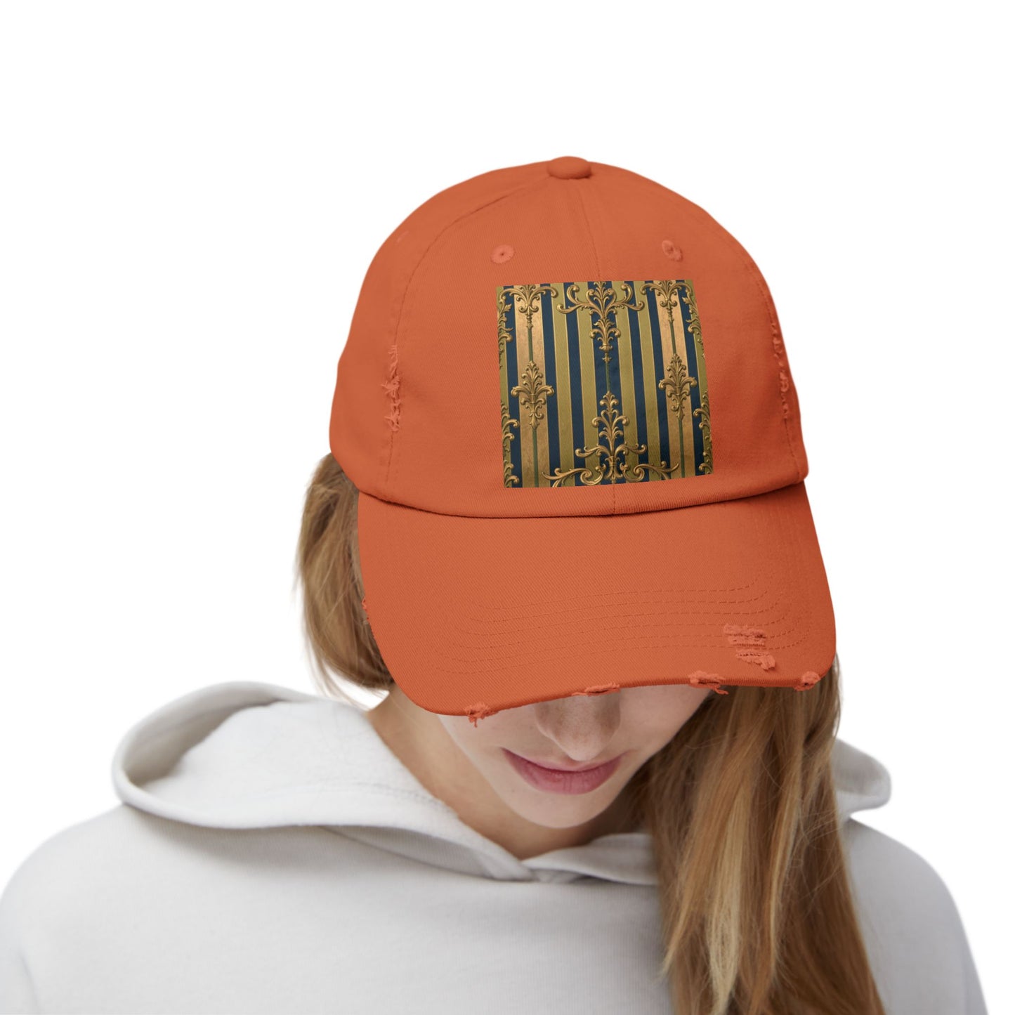 Stylish Midnight Blue & Olive Striped Gold Baroque Unisex Distressed Cap with Elegant Gold Accent, Fashionable Hat for Casual Days, Gift for Birthdays
