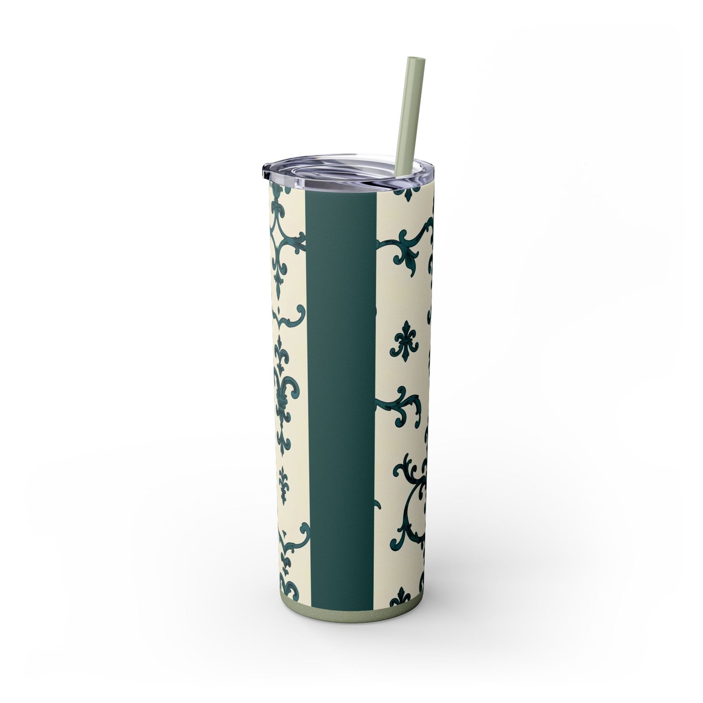 Elegant Floral Skinny Tumbler, 20oz - Stylish Travel Mug for Home, Coffee Lover Gift, Eco-Friendly Drinkware, Party Favor - Teal Striped Rococo