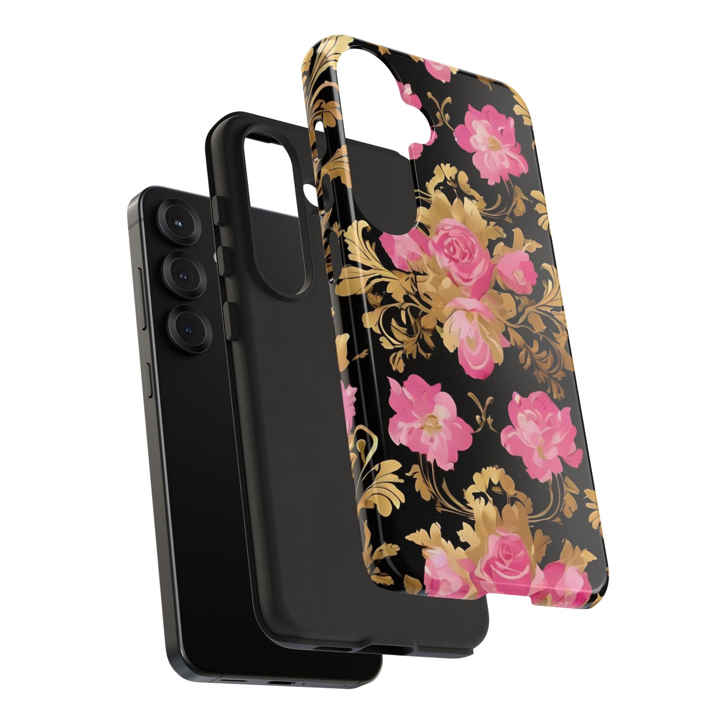 Elegant Floral Motif Phone Case - Tough Cases with Vintage Design - Pink & Gold Roses