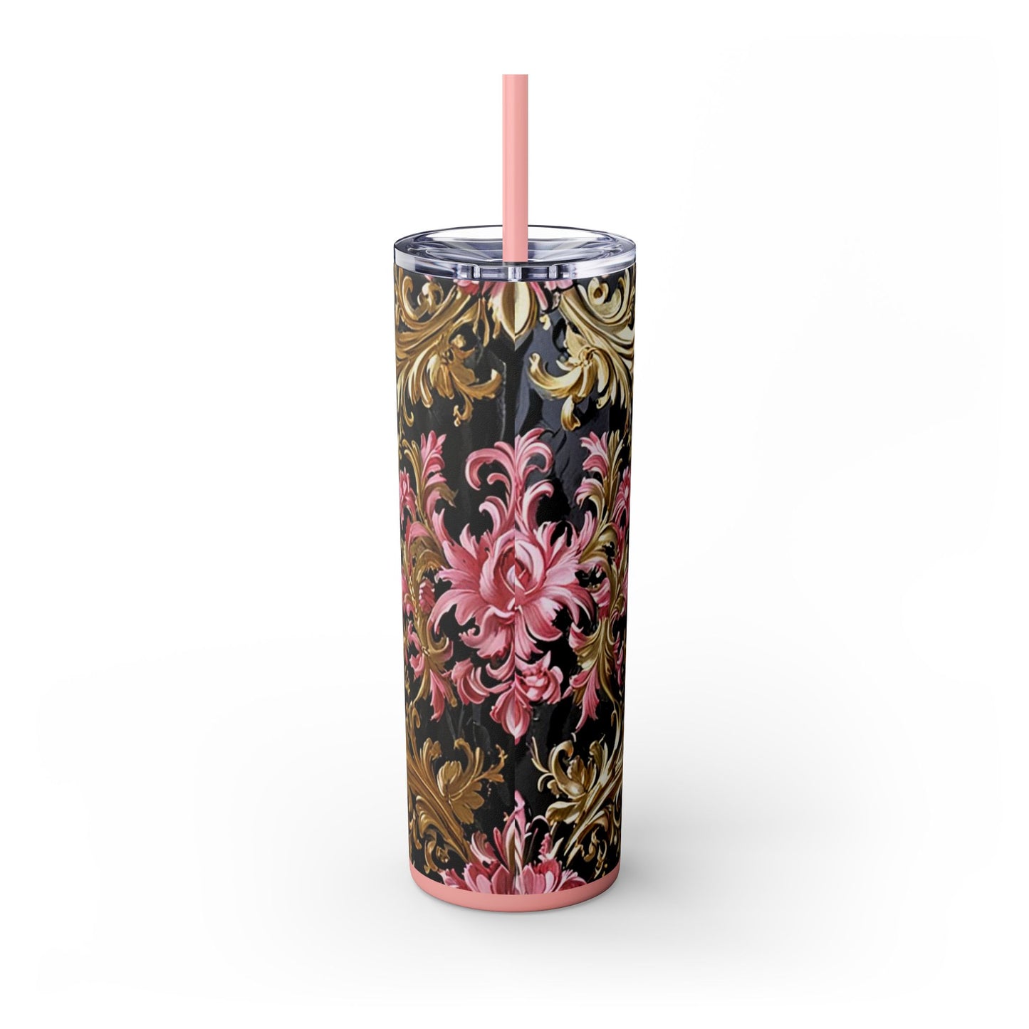 Chic Floral Skinny Tumbler with Straw, 20oz - Elegant Drinkware for Tea Lovers, Travel Mugs, Gifts for Her - Black & Pink Oil Painting Style Rococo