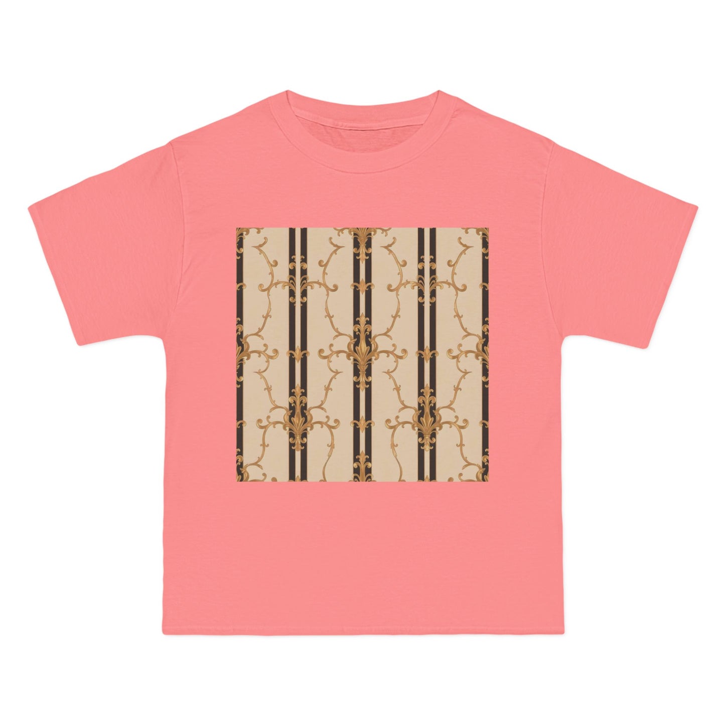 Stylish Graphic Tee for Casual Wear, Fashionable Short-Sleeve Shirt, Unique Summer Top - Black & Beige Striped Damask