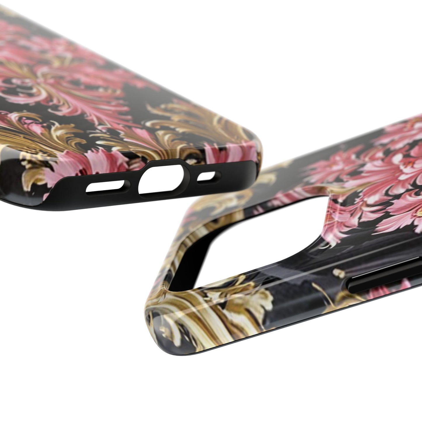 Elegant Floral Tough Phone Cases | Stylish Protection for Her | Gift for Birthdays - Black & Pink Oil Painting Style Rococo