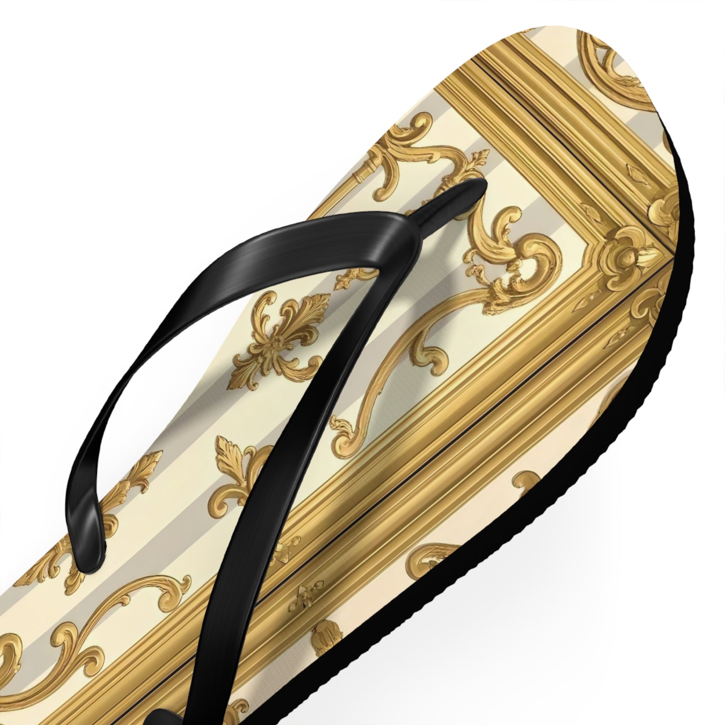 Chic Decorative Flip Flops for Beach, Summer Vibes, Vacation Footwear, Luxury Poolside Slippers - Matte Gray & Cream Striped Gold Baroque
