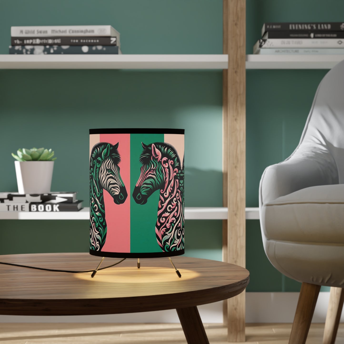 Tripod Lamp - Elegant Vintage Floral Print Home Accent - Elegant Pink & Green Zebra Damask Design