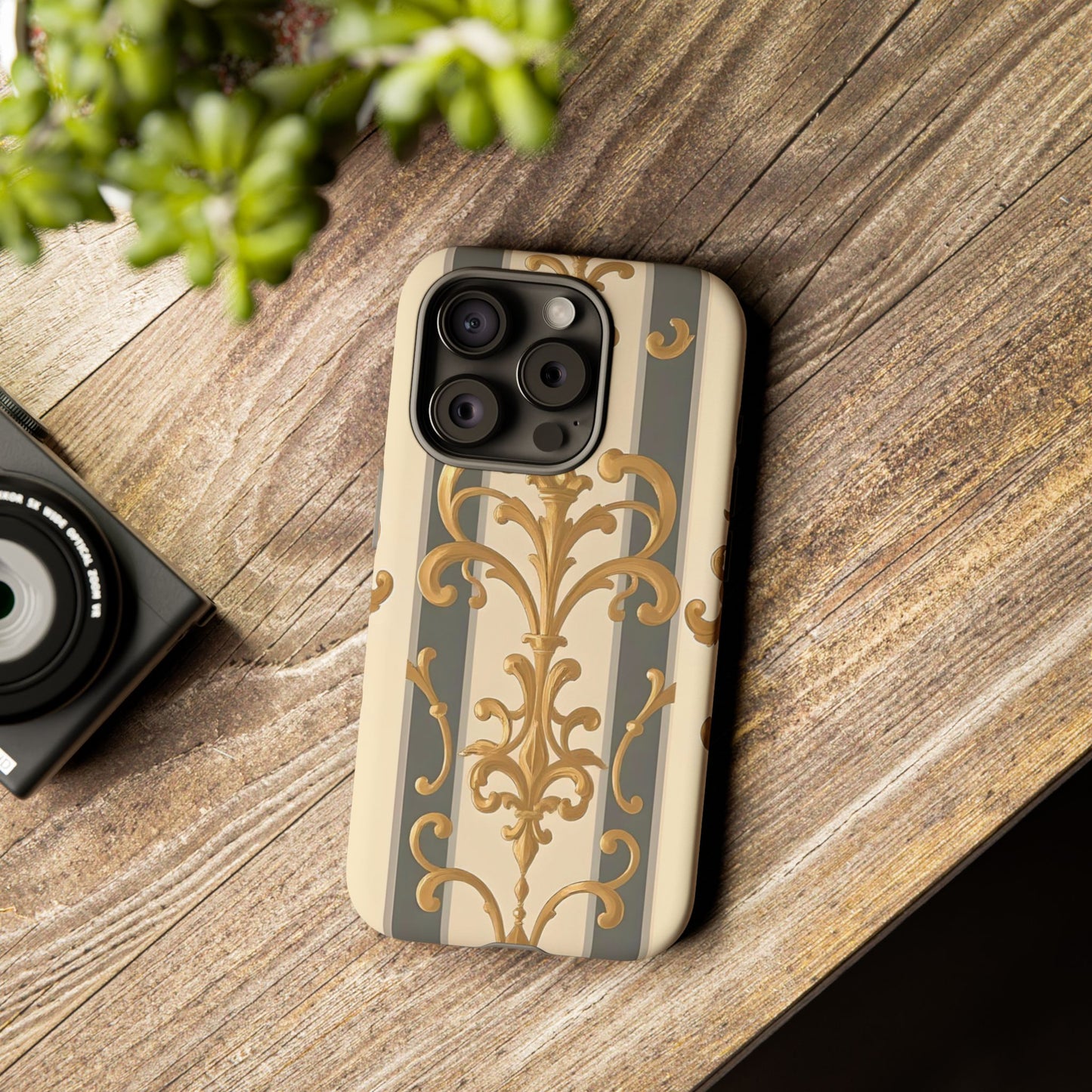 Elegant Floral Motif Phone Case - Tough Cases with Vintage Design - Dusk Olive Striped Gold Damask