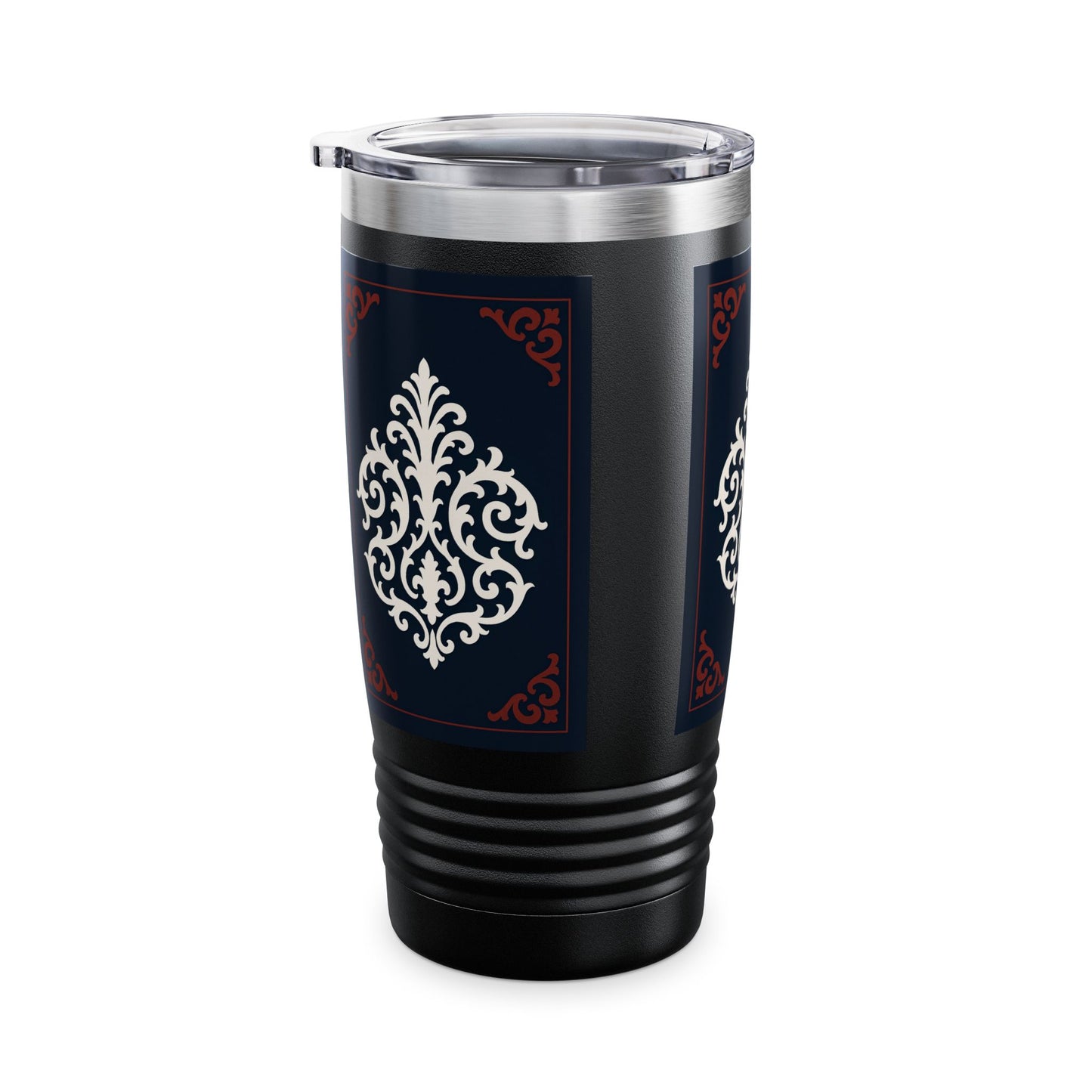 Dusk Blue-Maroon & White Baroque 20oz Ringneck Tumbler with Classic Baroque Design — Elegant Travel Mug