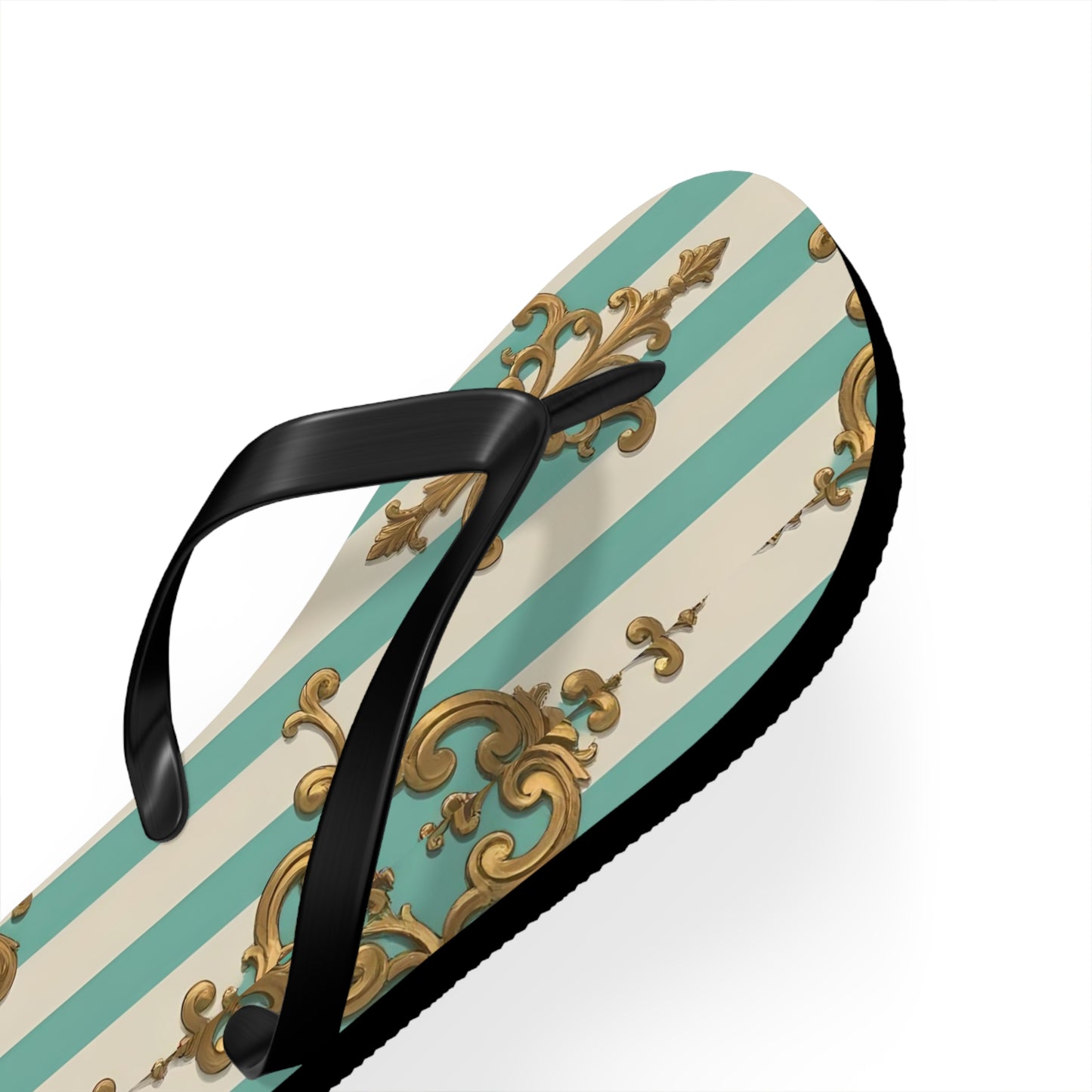 Chic Floral Flip Flops - Summer Sandals, Beach Footwear, Vacation Ready, Boho Style, Gift for Her - Matte Green Striped Rococo
