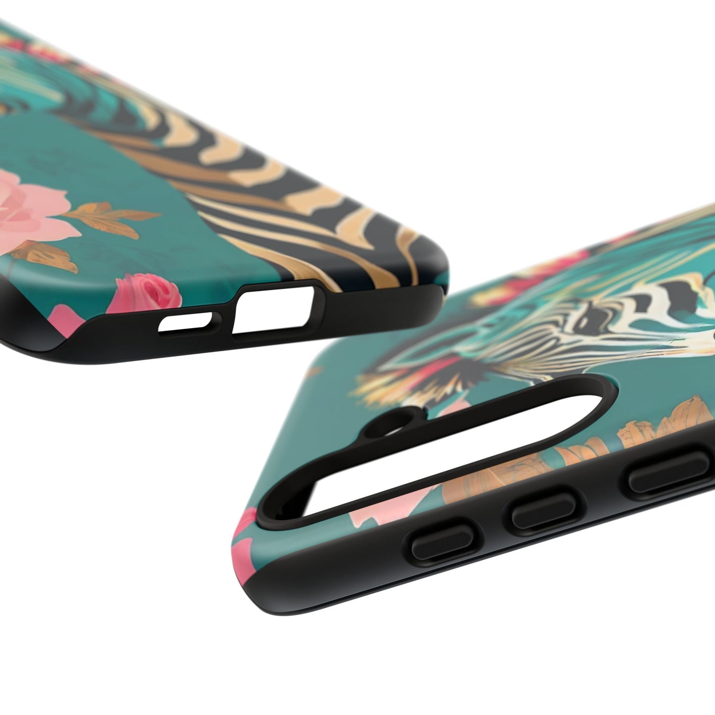 Phone Case - Elegant Teal & Gold Zebra & Roses Design