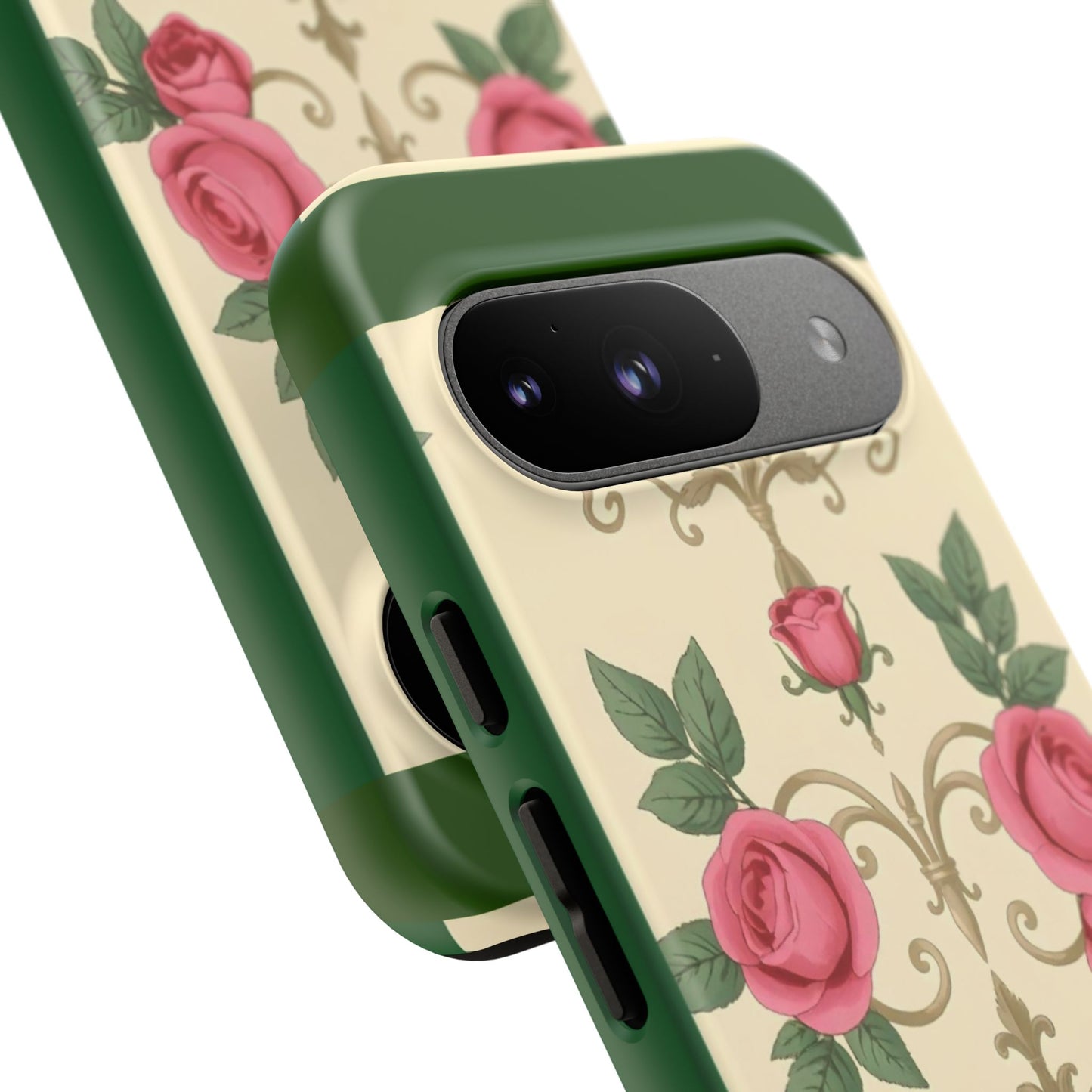 Elegant Floral Motif Phone Case - Tough Cases with Vintage Design - Green Border Roses & Damask