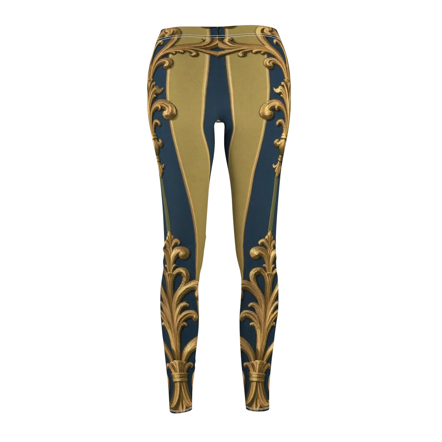 Elegant Midnight Blue & Olive Striped Gold Baroque Vintage Pattern Leggings, Chic Activewear, Stylish Fitness Pants, Art-Inspired Leisurewear
