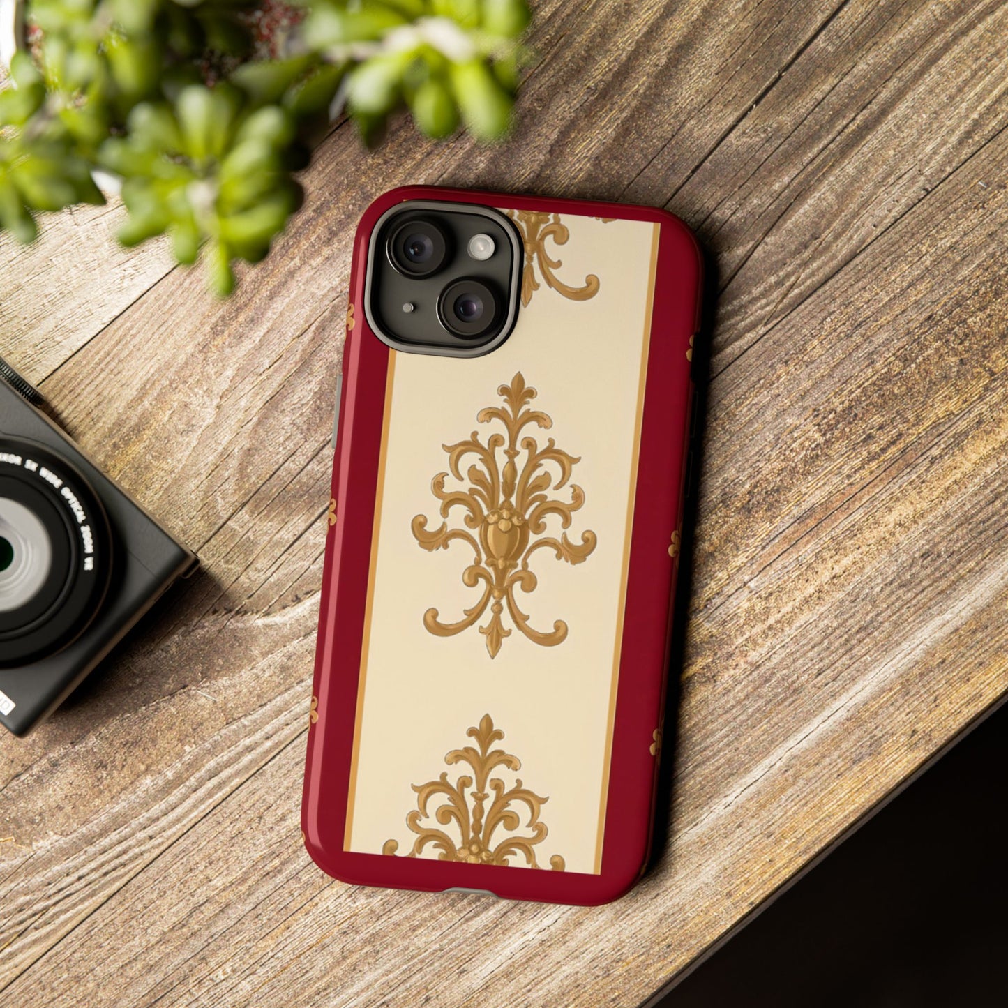 Elegant Floral Motif Phone Case - Tough Cases with Vintage Design - Dusk Red Striped Gold Damask