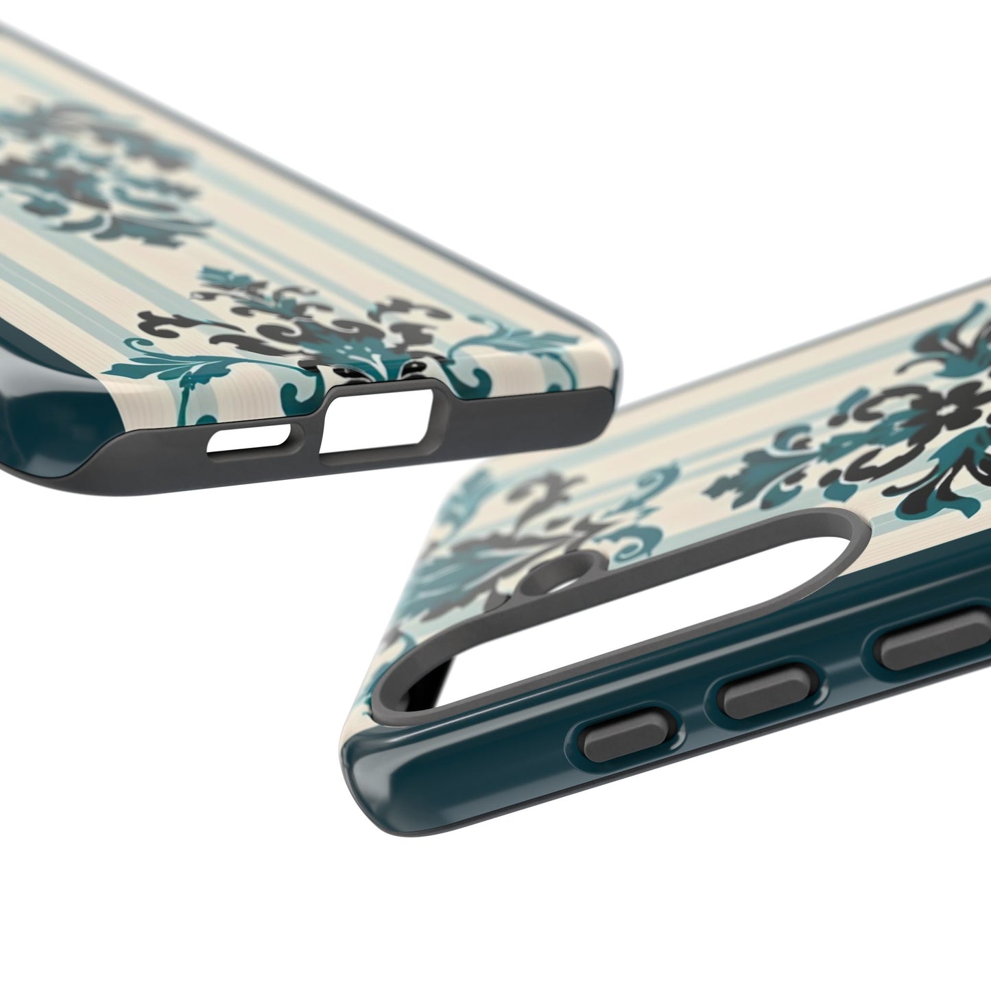 Elegant Floral Phone Case - Tough Cases with Vintage Design - Teal Striped Damask