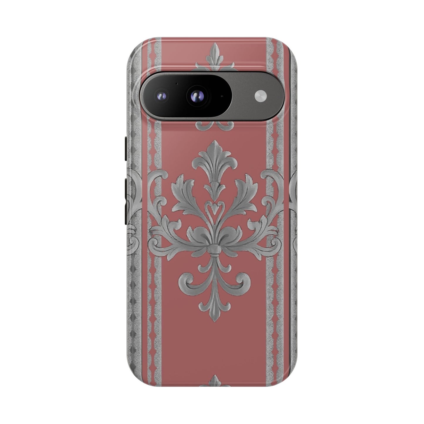Elegant Floral Phone Case - Tough Cases for Stylish Protection - Gray & Mauve Striped Baroque