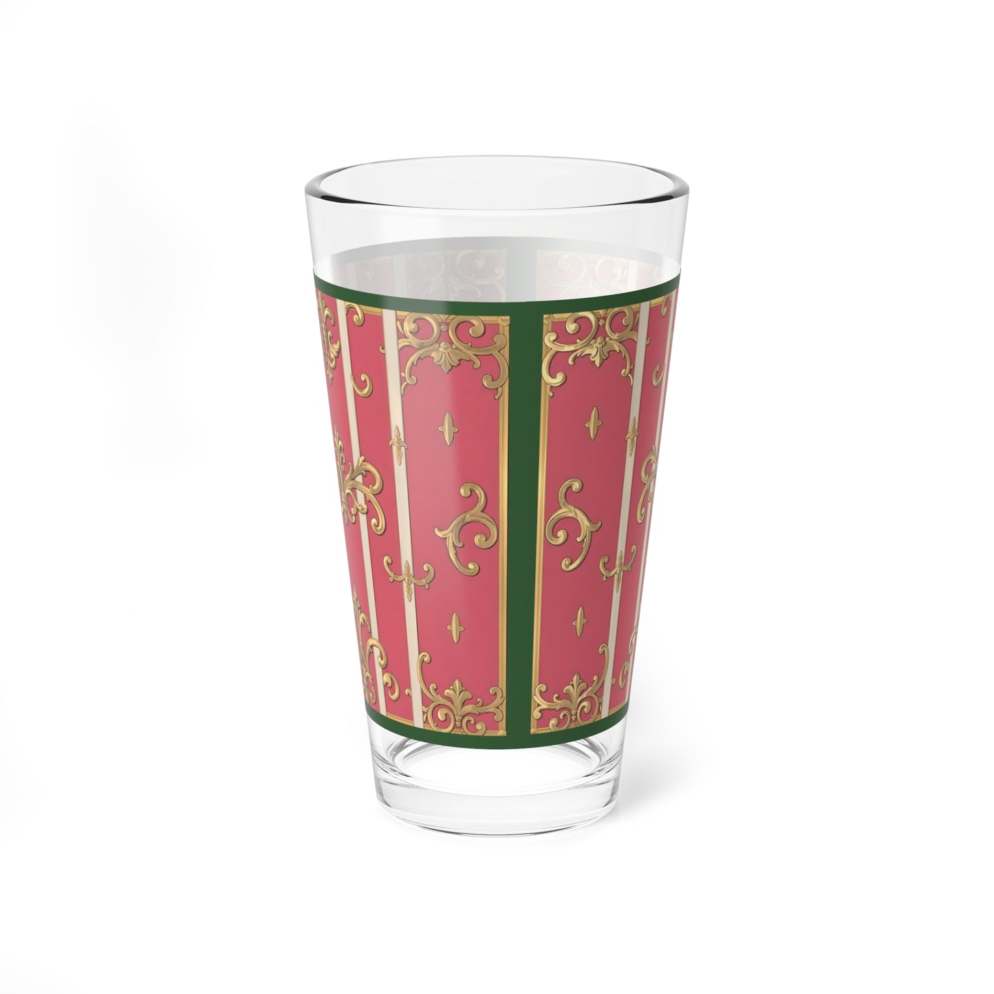Elegant Green Border Pink Striped Baroque Mixing Glass - 16oz, Vintage Inspired Barware, Retro Floral Drinkware, Cocktail Glass, Home Bar Gift