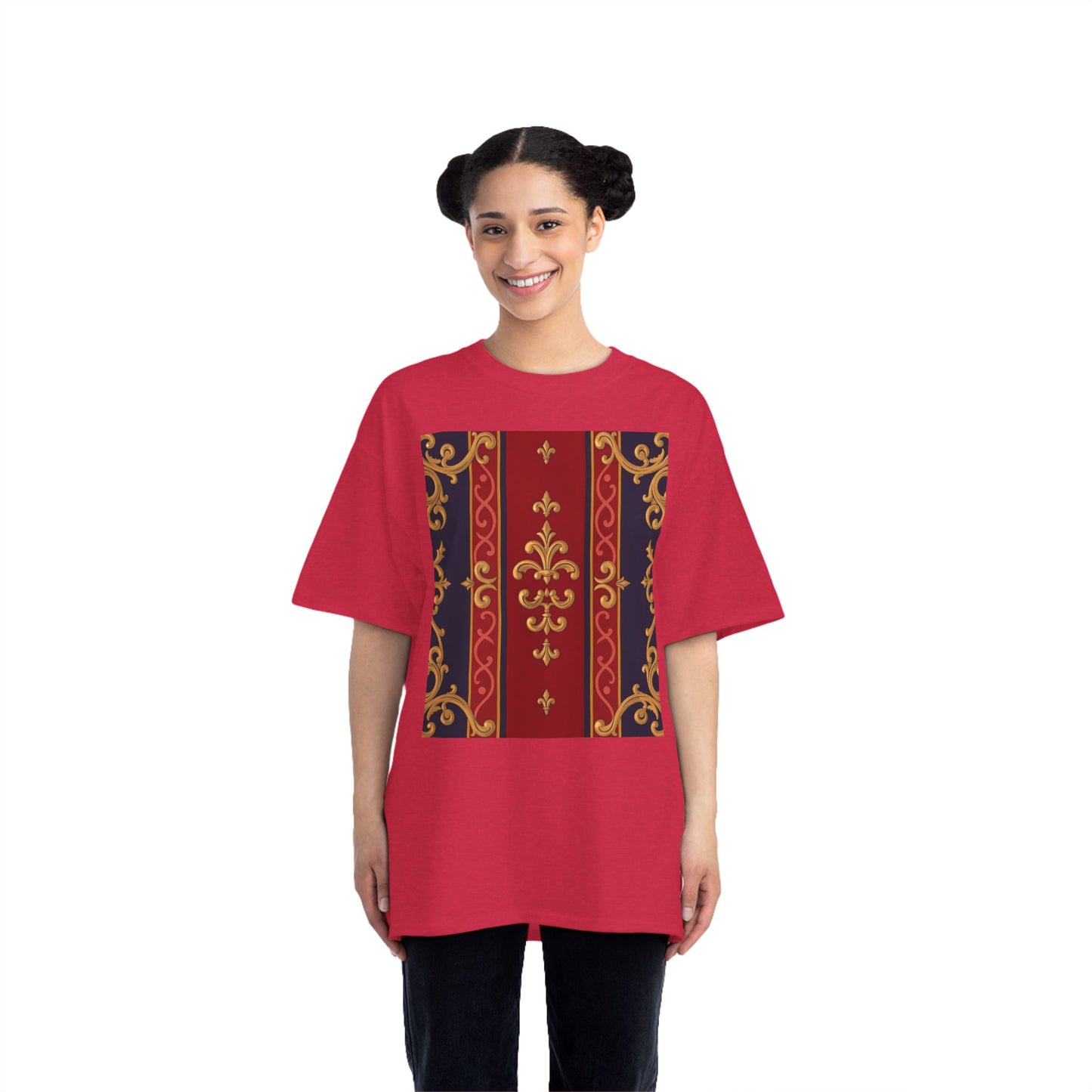 Elegant Baroque T-Shirt for Fashion Lovers, Casual Wear, Gift for Her, Unique Tee for Art Enthusiasts - Midnight Blue & Dusk Red Gold Baroque
