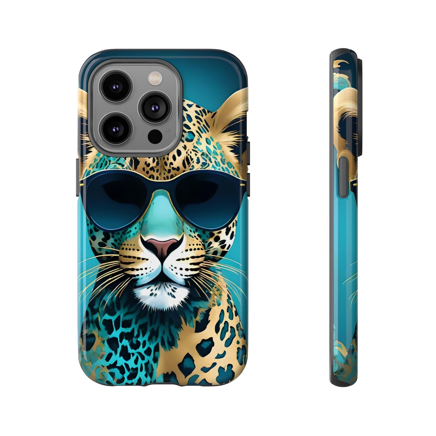 Phone Case - Aqua & Gold Leopard In Sunglasses Design