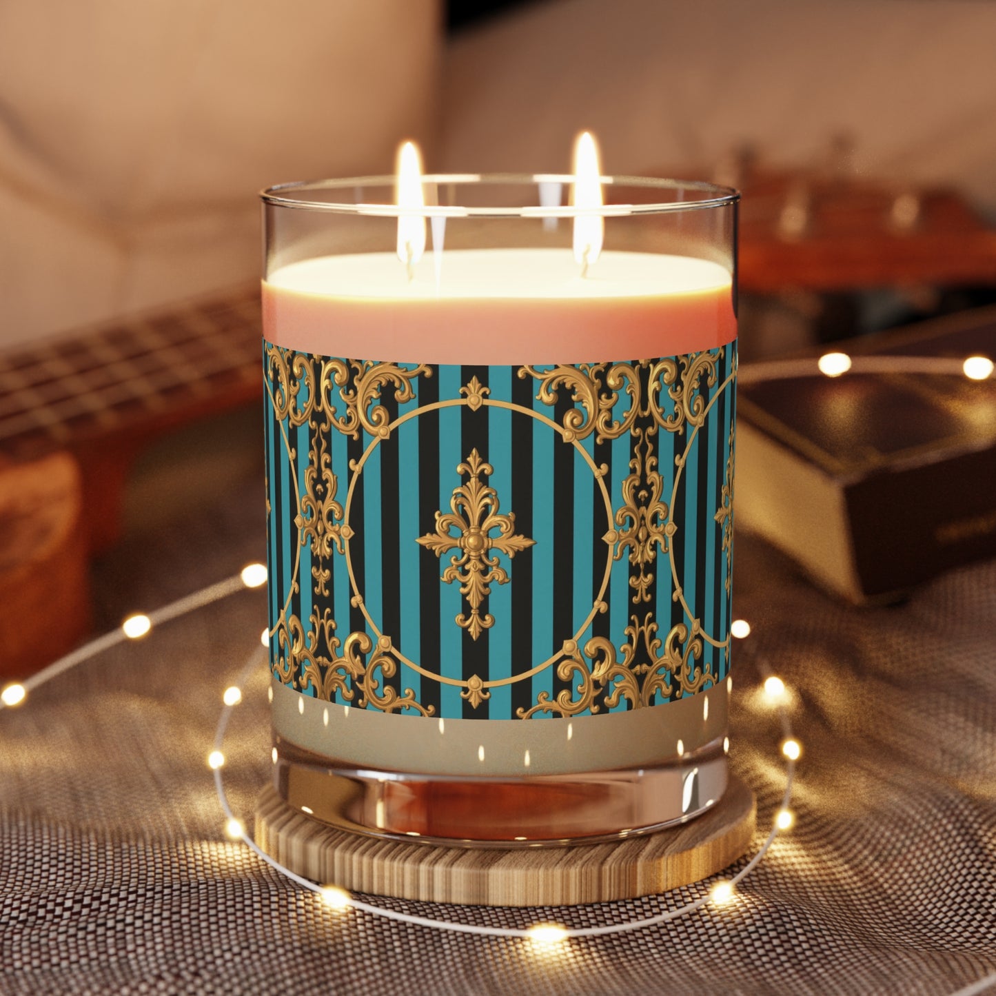 Luxurious Turquoise & Black Striped Gold Baroque Scented Candle - Elegant Home Decor, Aromatherapy Candle, Gift for Her, Decorative Candle