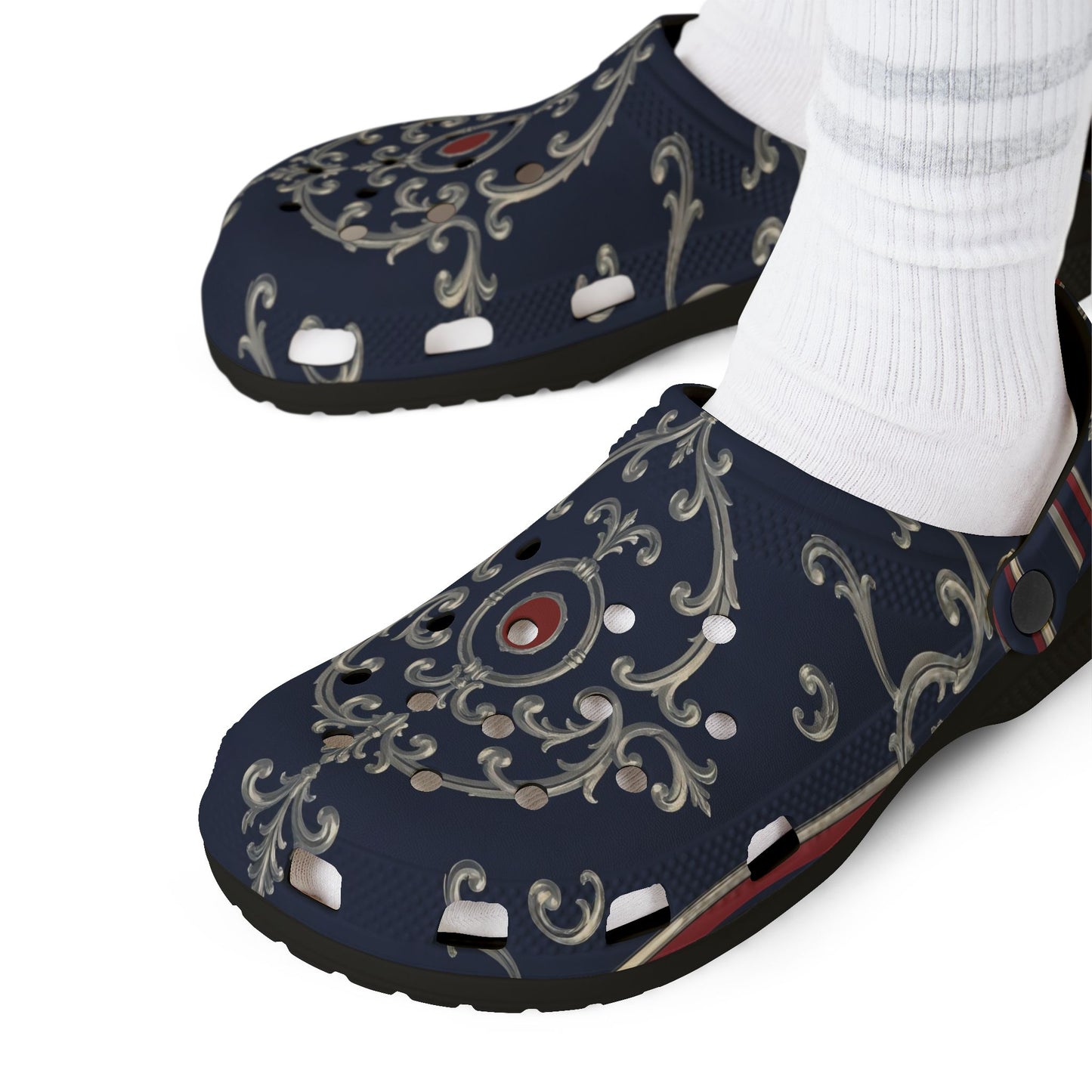 Stylish EVA Foam Clogs for Comfort and Fashion | Perfect for Garden, Home, Nursing, Gifts, Everyday Wear - Blue & Red Striped Silver Baroque
