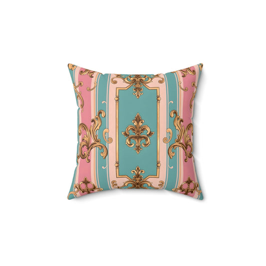Vintage Glam Square Pillow, Boho Home Decor, Elegant Throw Cushion, Cozy Living Room Accent - Pink & Matte Turquoise Striped Rococo