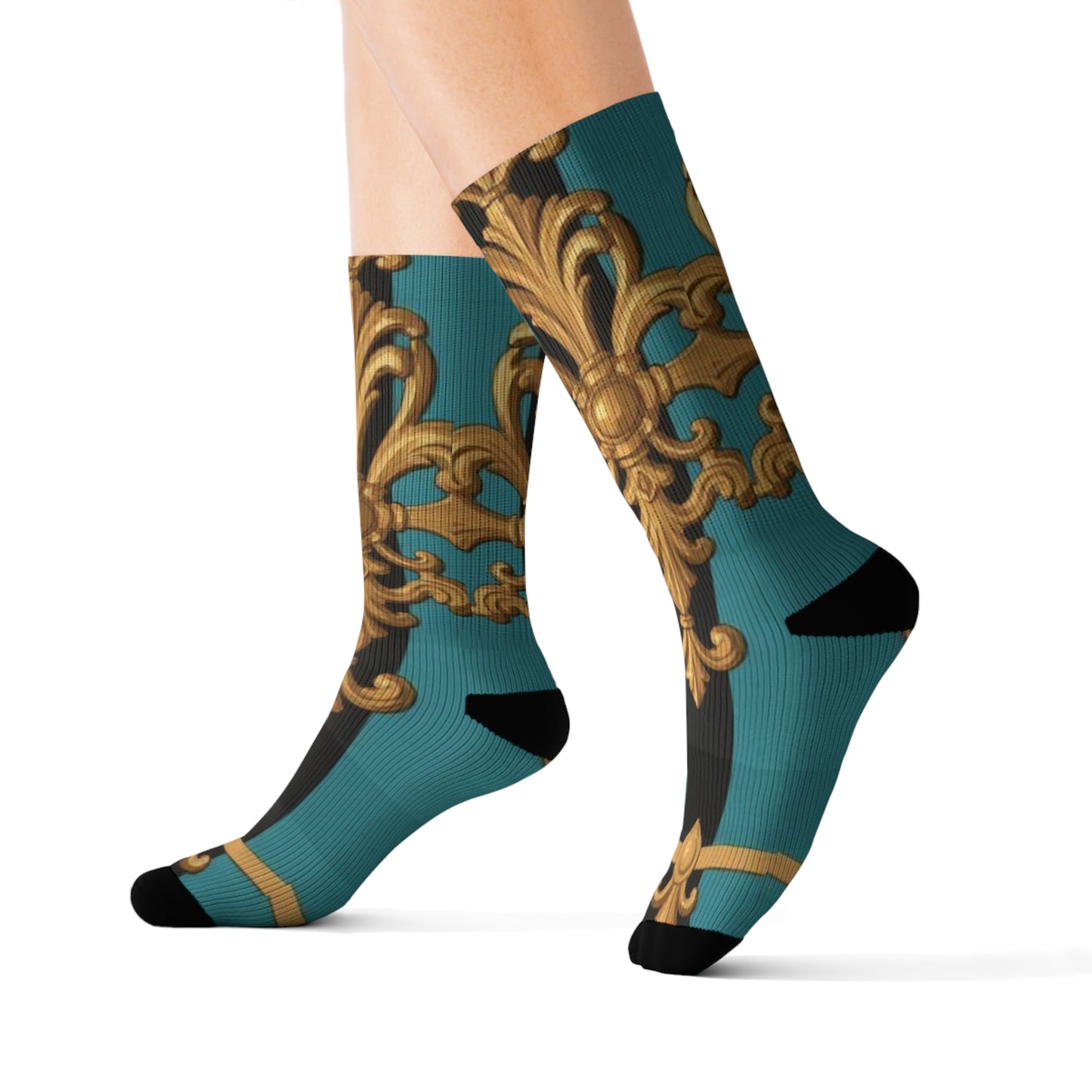 Elegant Turquoise & Black Striped Gold Baroque Patterned Unisex Sublimation Socks, Fashionable Socks, Unique Gift for Her & Him