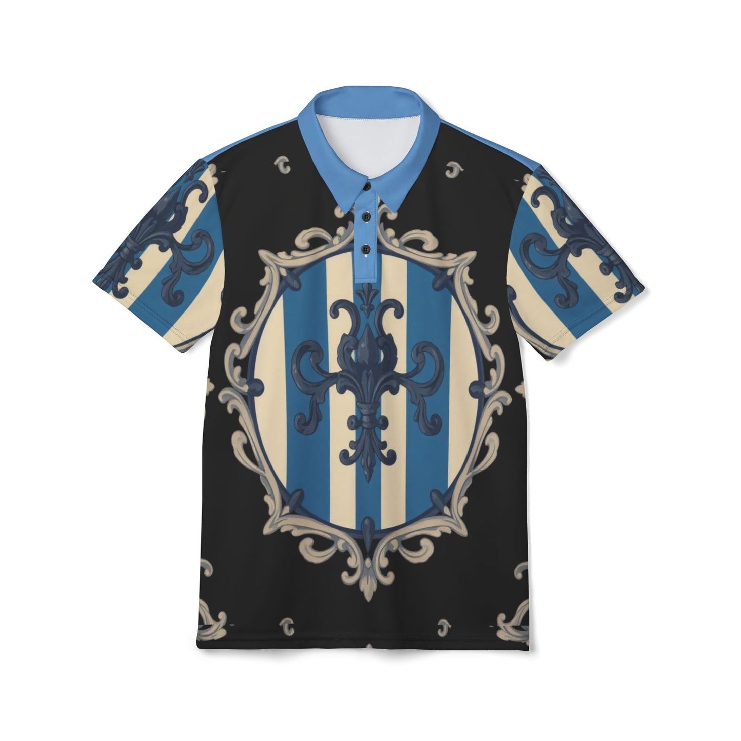Chic Blue & Alabaster Striped Baroque Unisex Polo Shirt - Bold Design, Casual Wear, Perfect for Summer, Unique Gift for Him or Her