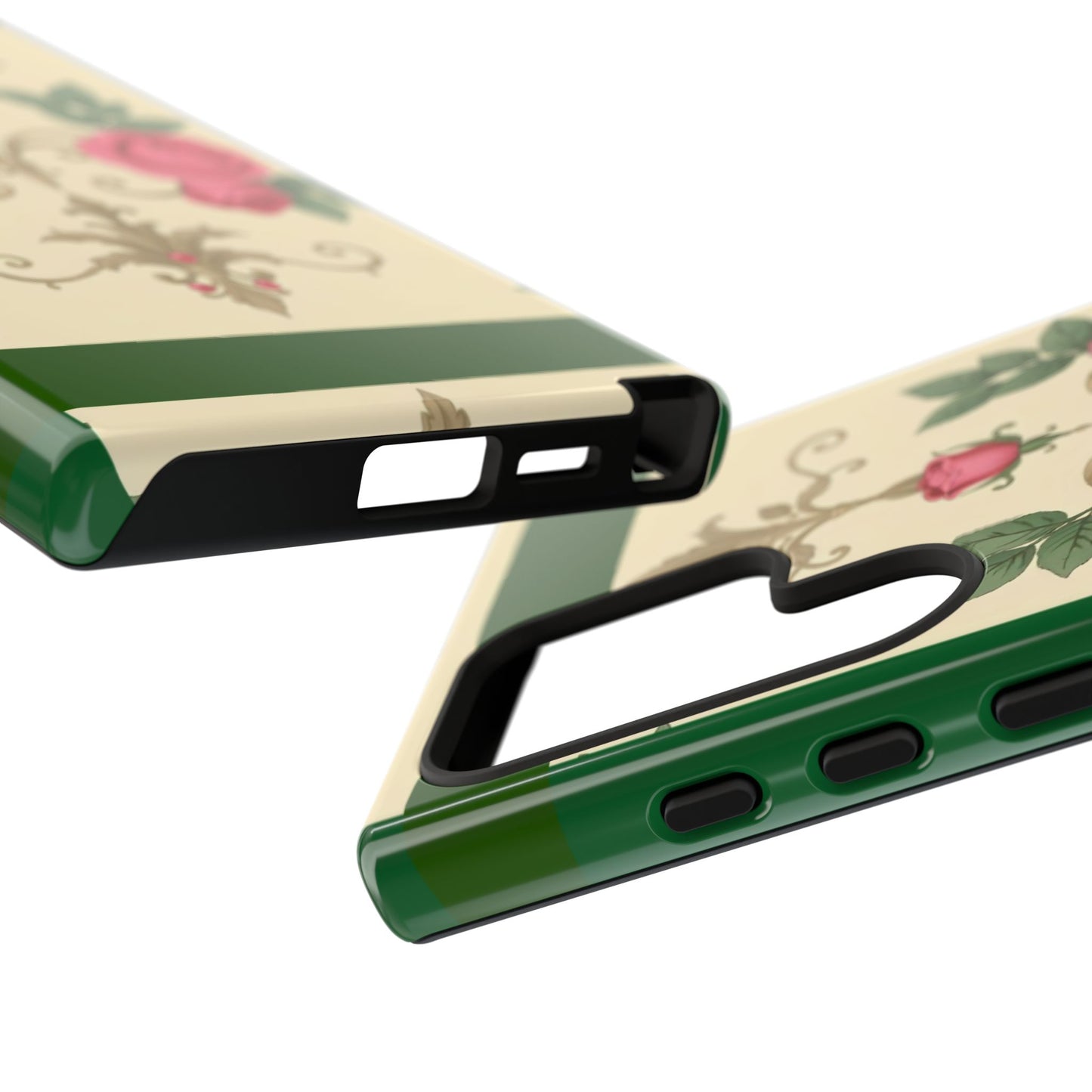 Elegant Floral Motif Phone Case - Tough Cases with Vintage Design - Green Border Roses & Damask