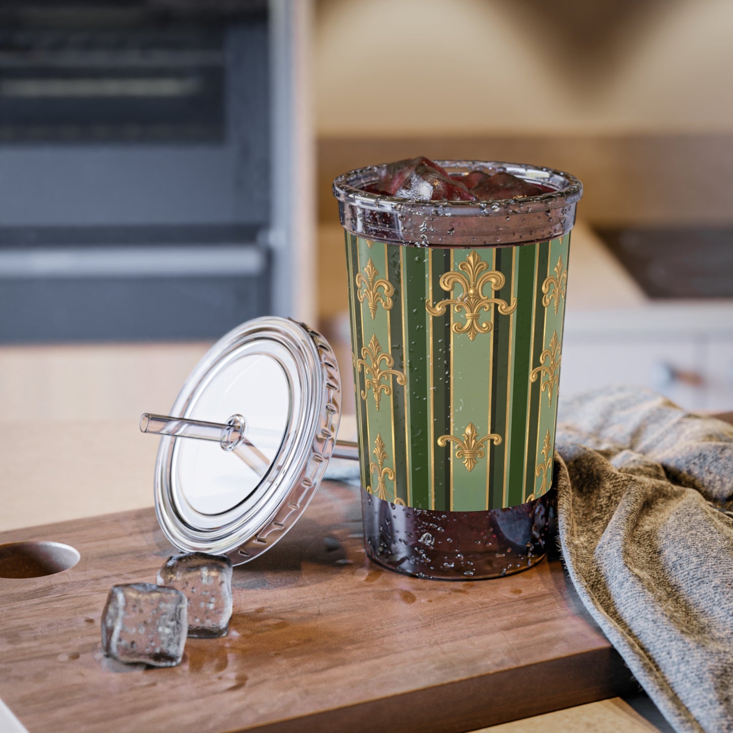 Elegant Baroque Acrylic Cup, Stylish Drinkware, Party Favor, Eco-Friendly Tumbler, Summer Beverage Container - Green Striped Gold Baroque