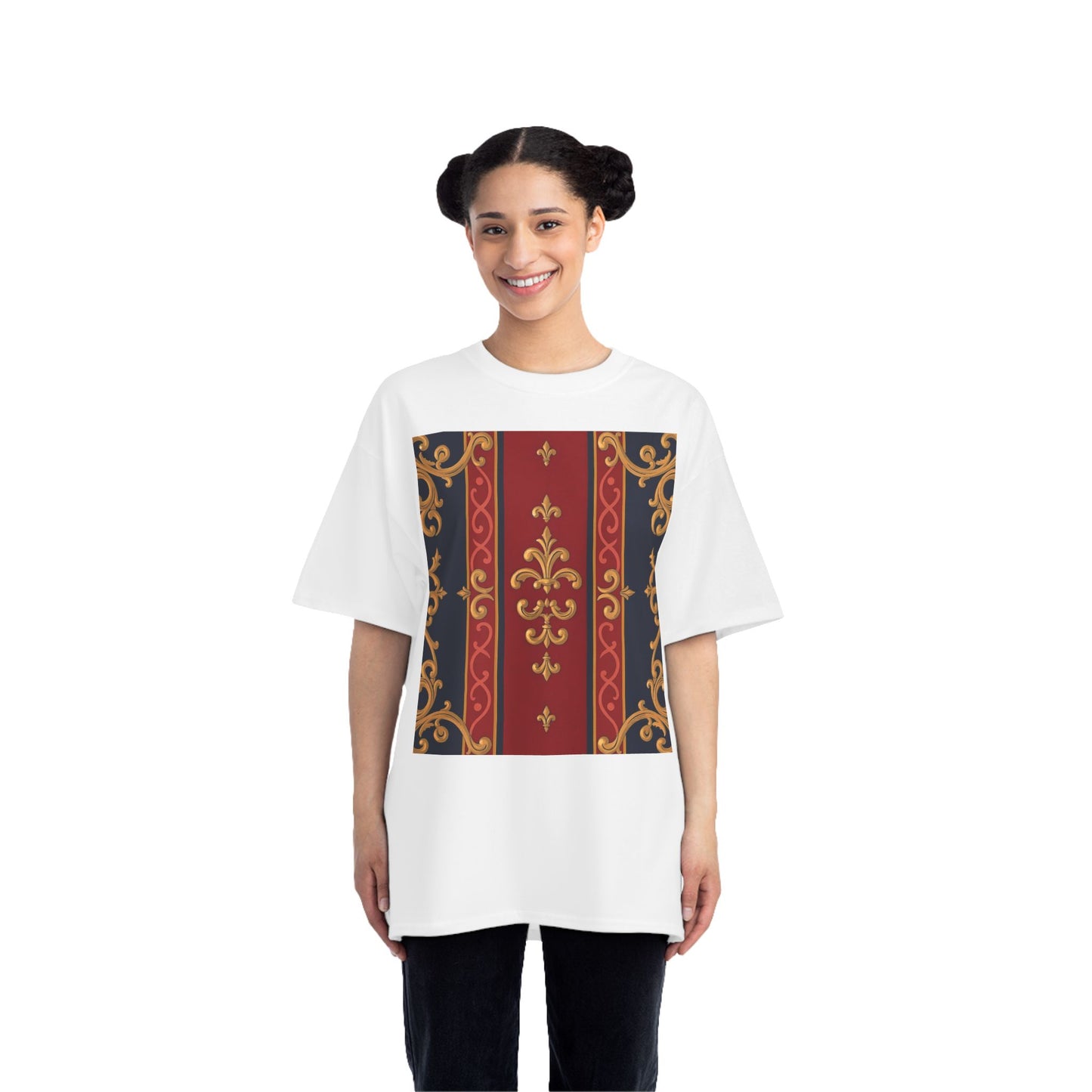 Elegant Patterned Short-Sleeve T-Shirt, Stylish Tee, Vintage Design Top, Casual Wear, Fashionable Gift - Midnight Blue & Dusk Red Gold Baroque